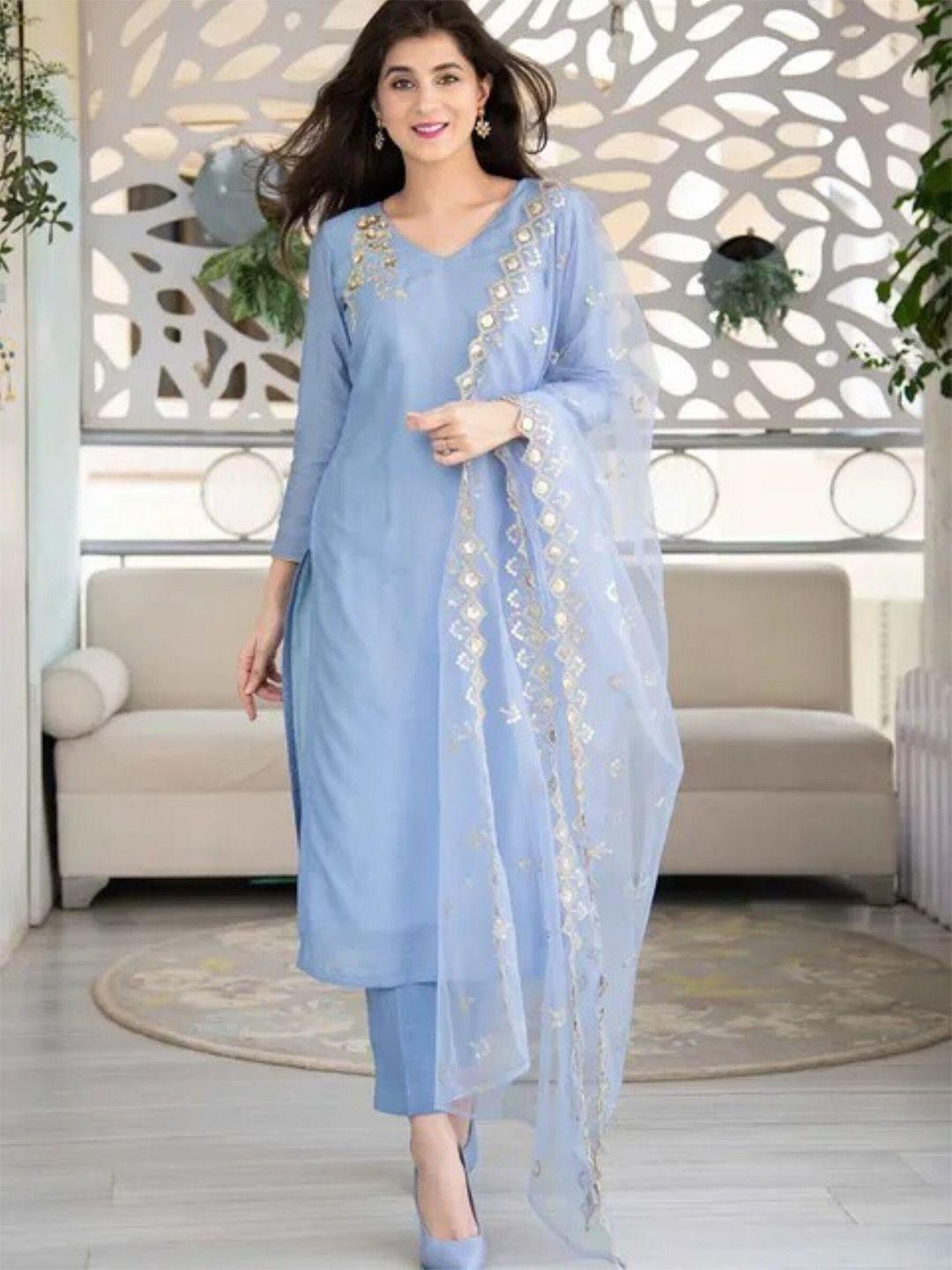 zeepkart women blue regular beads and stones kurta with salwar & with dupatta