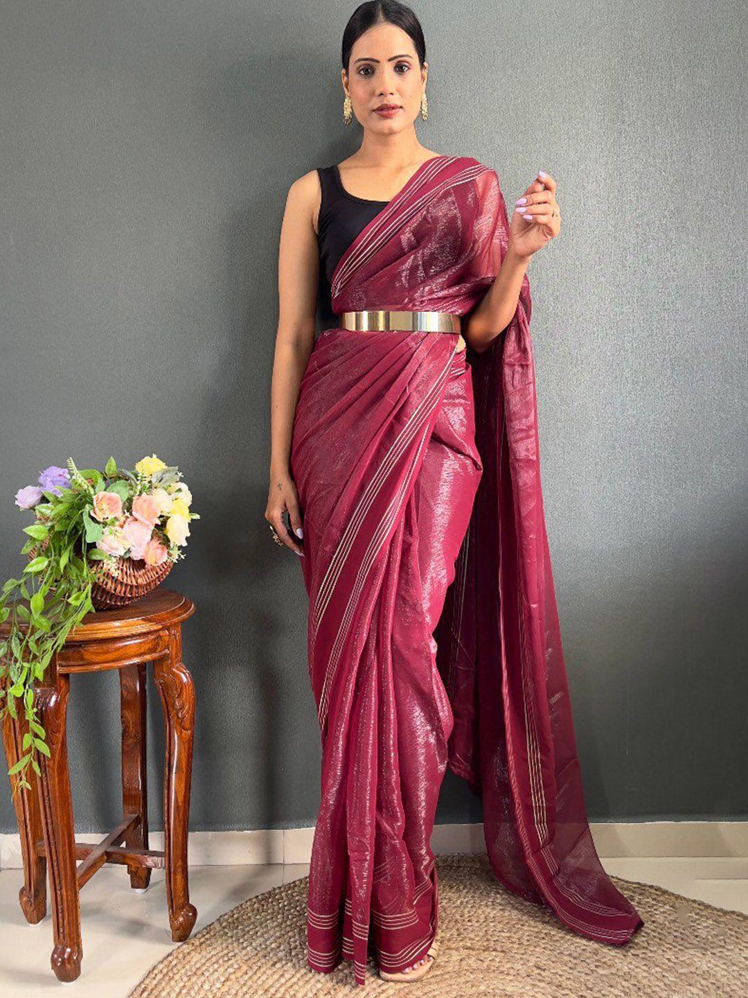 veerax maroon & silver-toned zari pure chiffon ready to wear saree