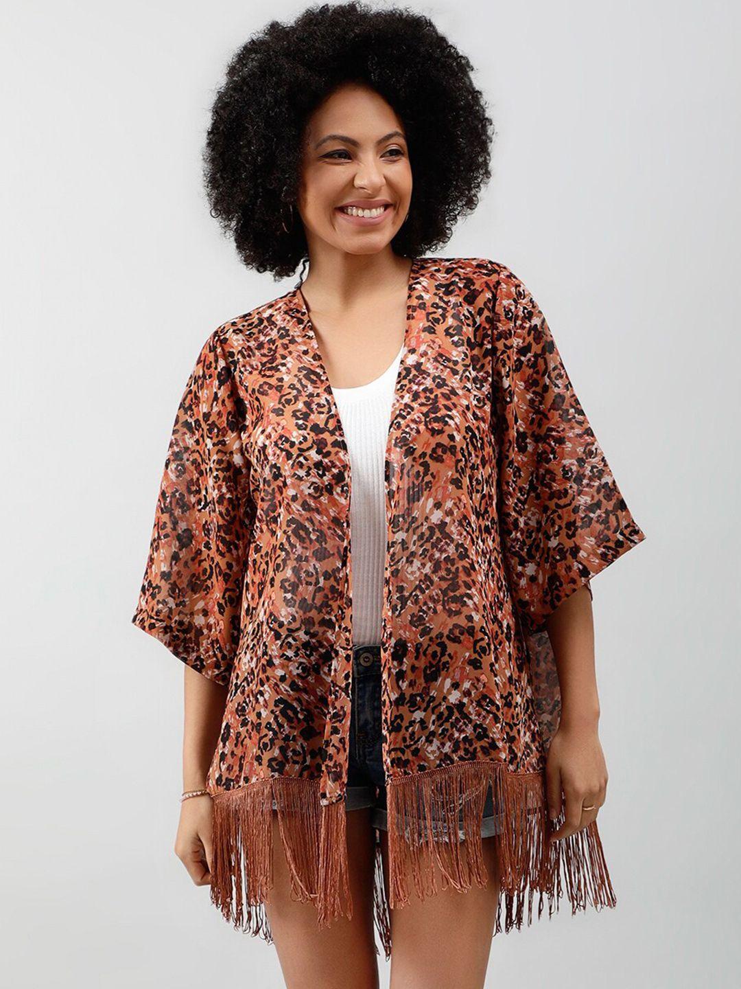 purys women brown & black printed tasselled shrug