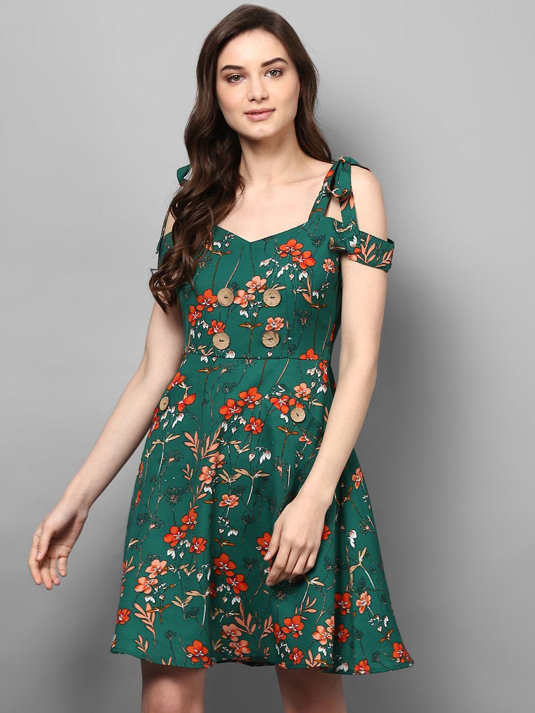 street 9 women green printed cold shoulder fit and flare dress