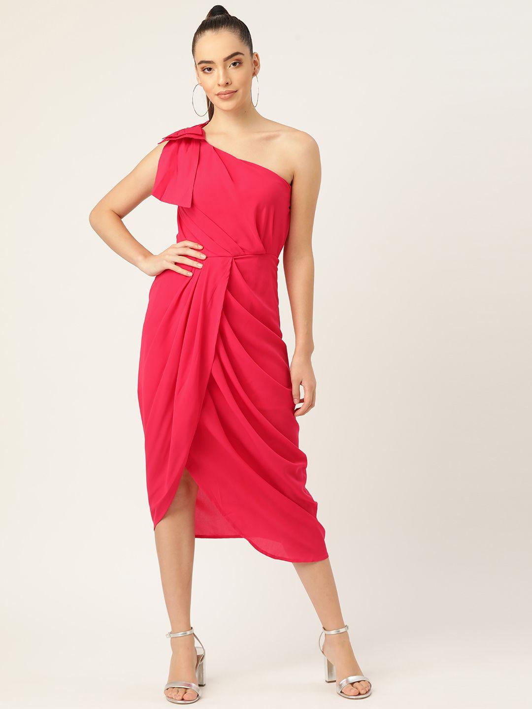 dodo & moa women pink one shoulder crepe wrap midi dress