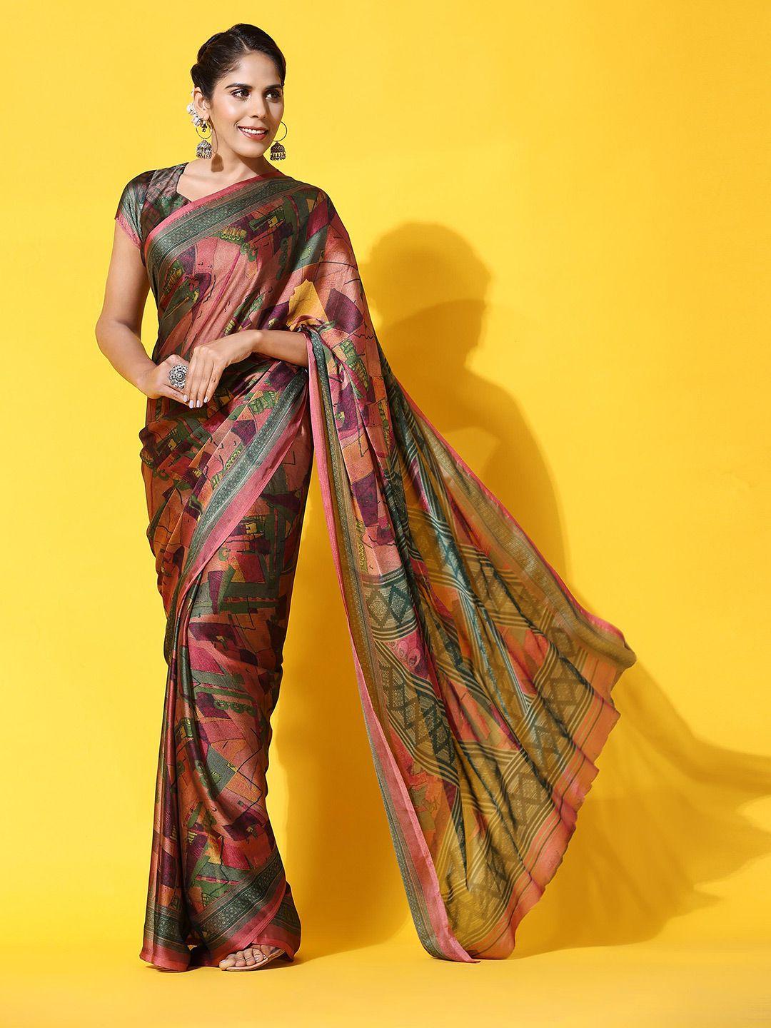 rujave peach-coloured & green pure chiffon saree