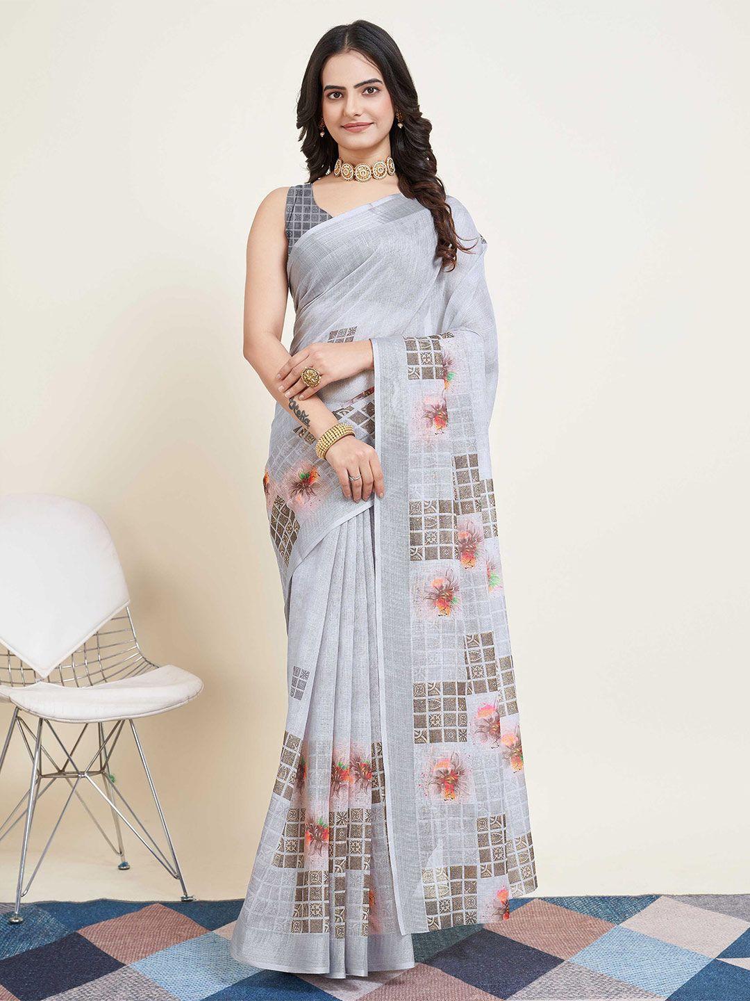 mitera grey & red floral zari saree