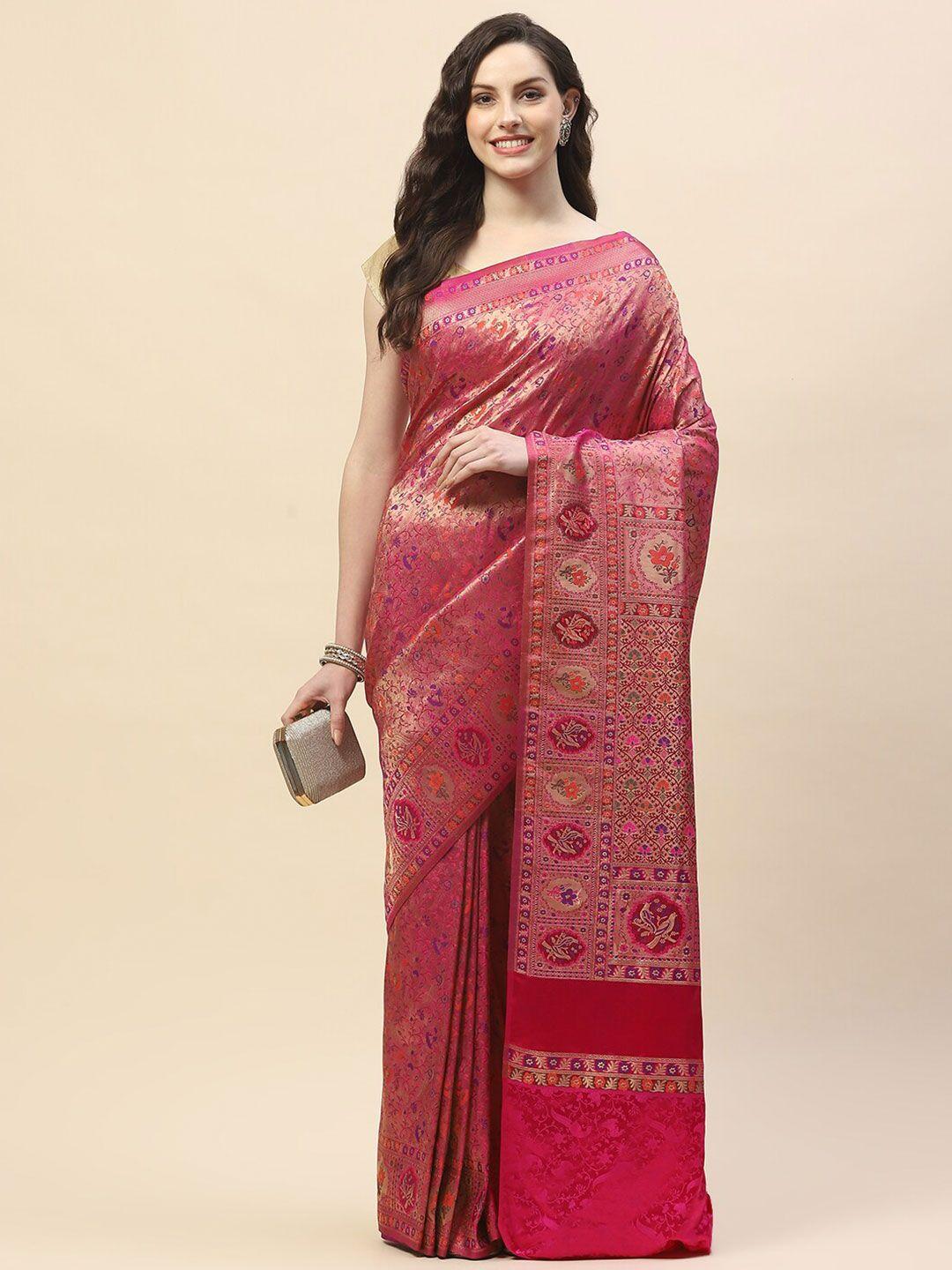 meena bazaar pink & green woven design zari satin saree