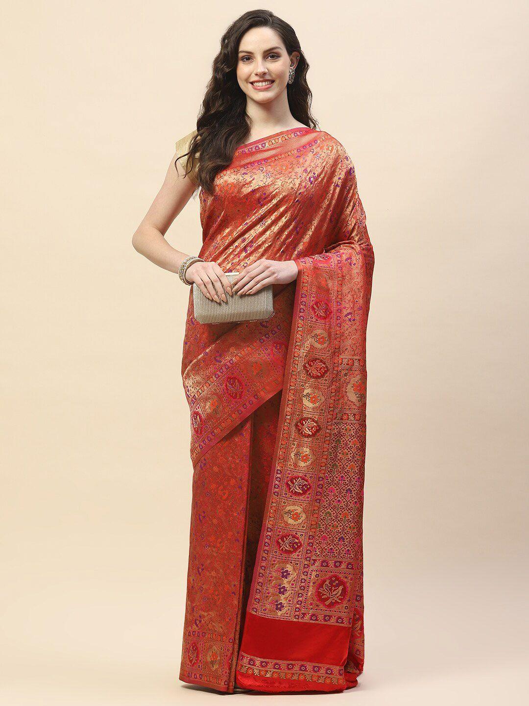 meena bazaar rust & pink woven design zari satin saree