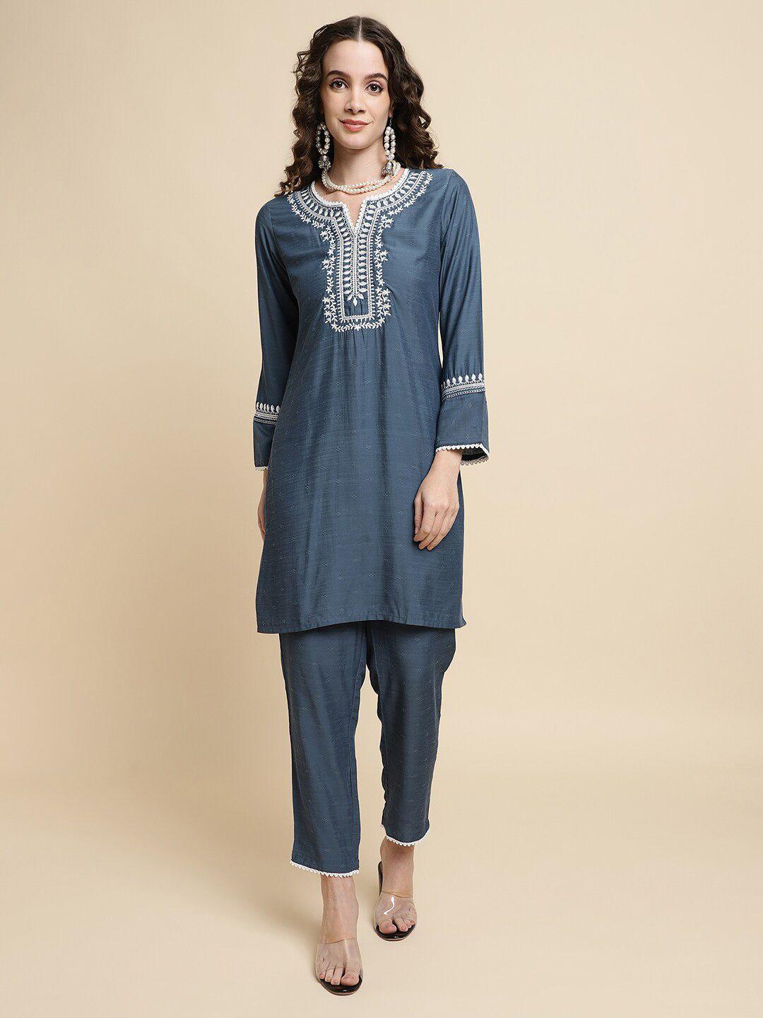 sringam floral embroidered straight kurti with trousers