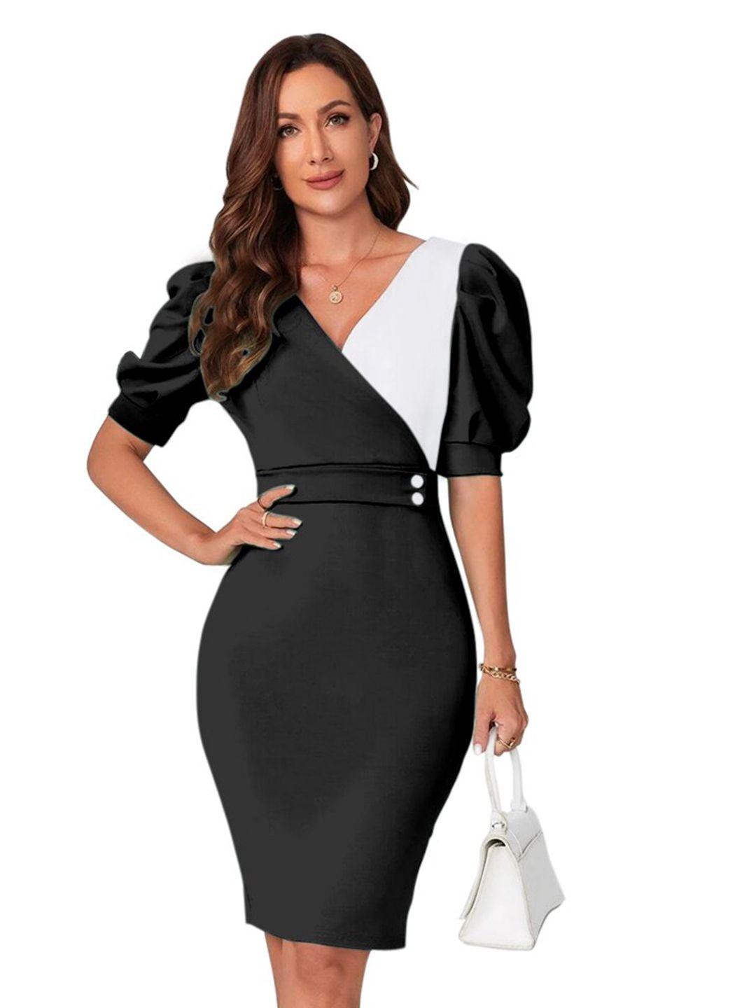 baesd colourblocked v-neck puff sleeve bodycon straight dress