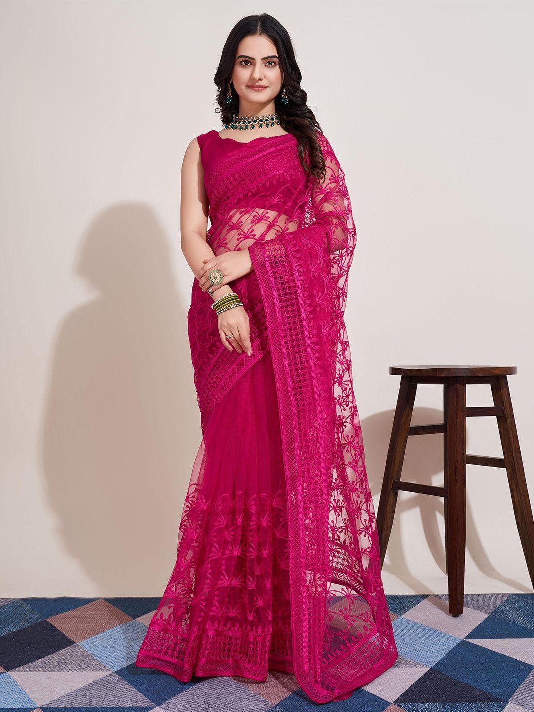 vairagee magenta floral embroidered net heavy work saree