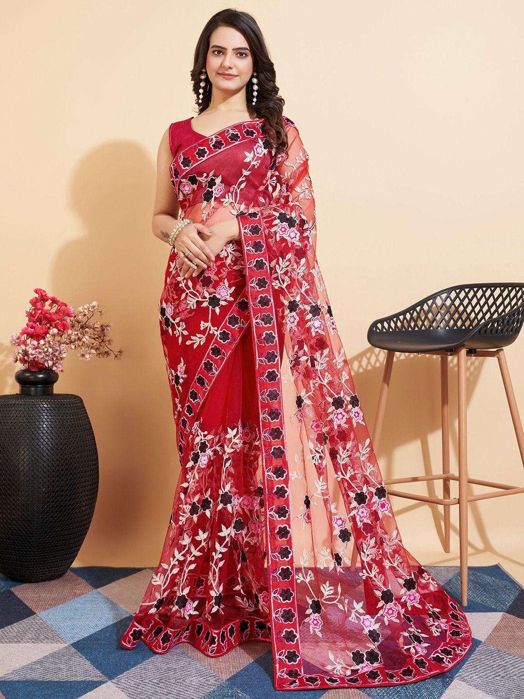 vairagee maroon & white floral embroidered net saree