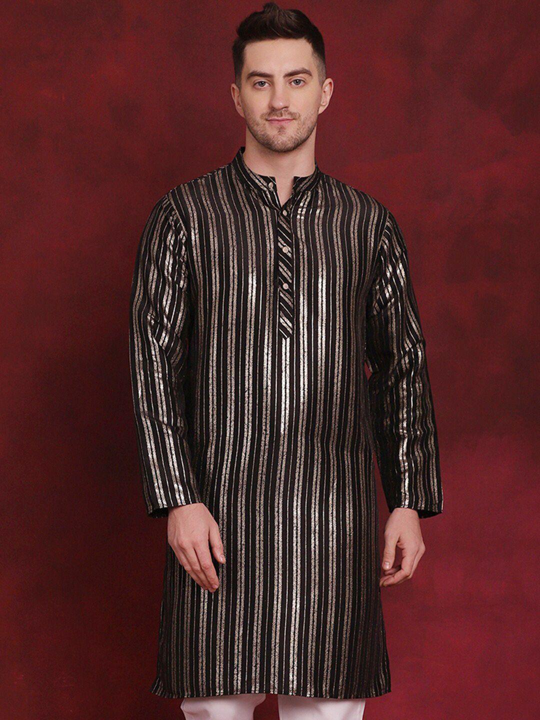 anouk black striped band collar straight kurta