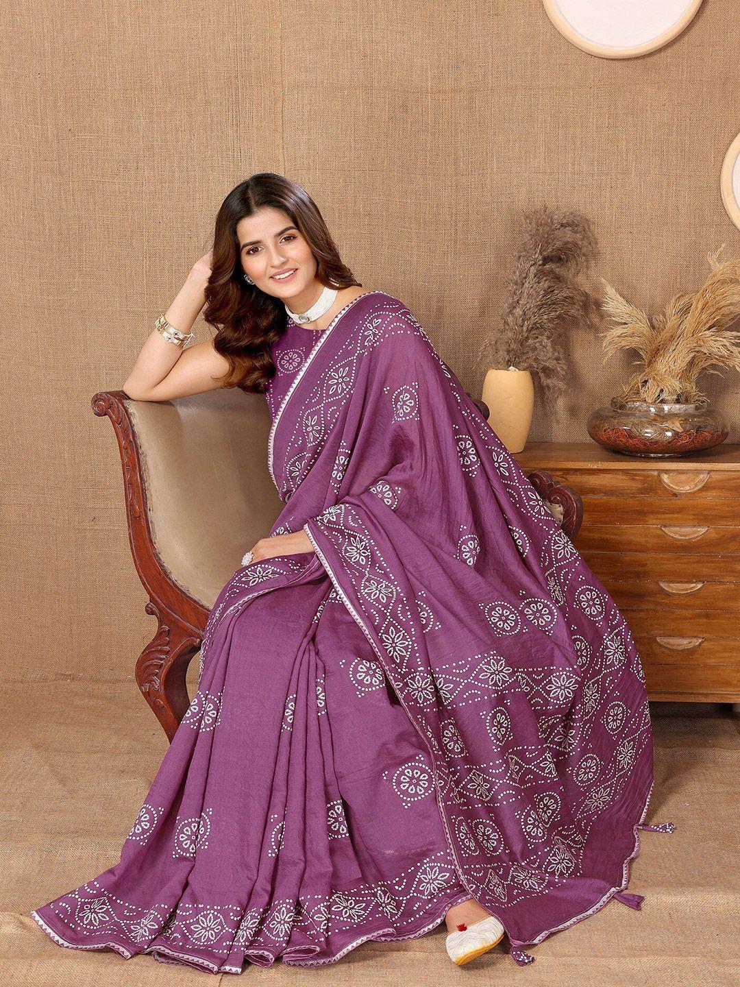 fabmora lavender & white bandhani chanderi saree