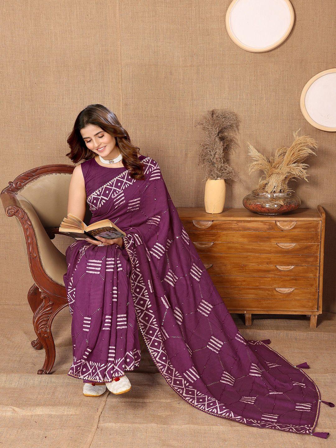 fabmora purple & white embellished sequinned chanderi saree