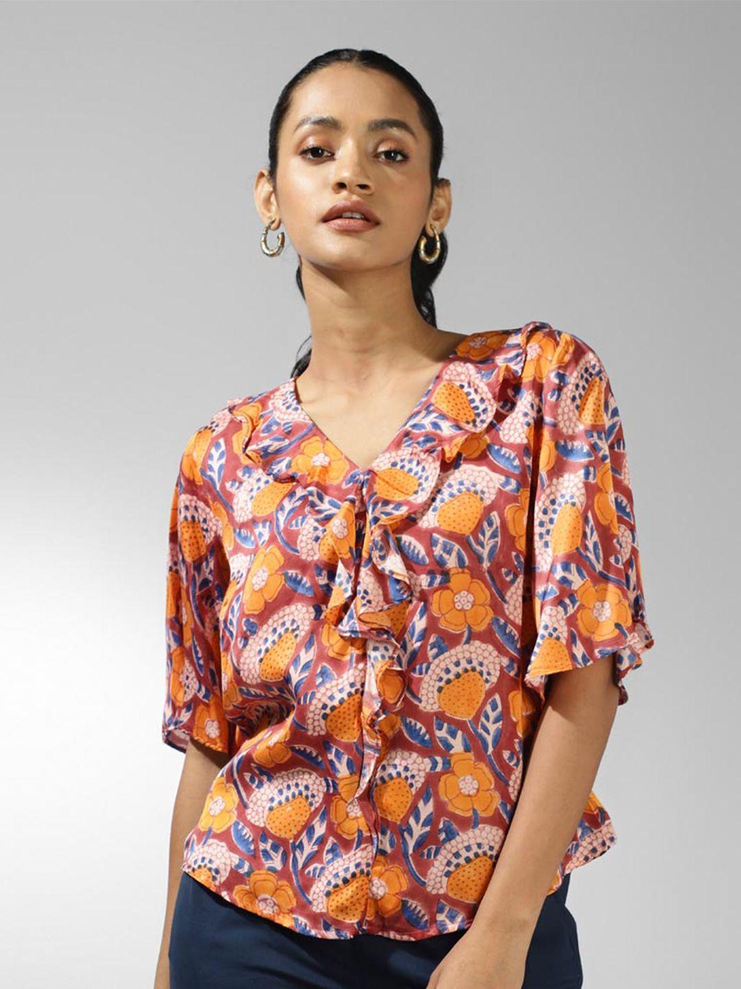 fabindia floral printed v-neck blouson opaque casual top