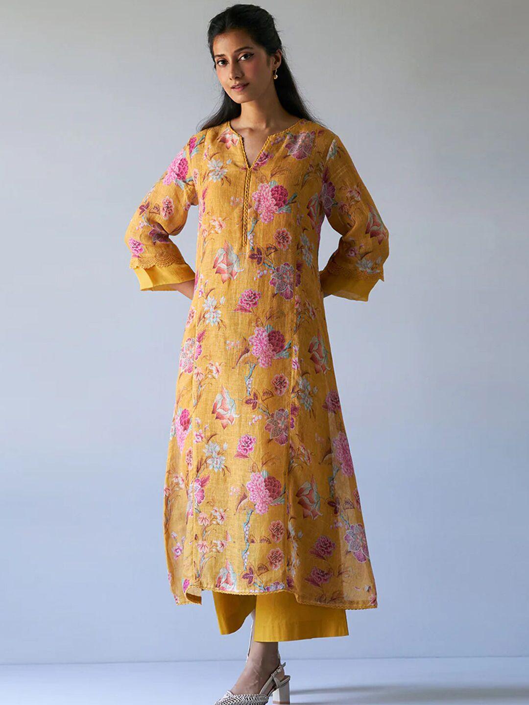 ganga floral printed three-quarter flared sleeves linen kurta with palazzos