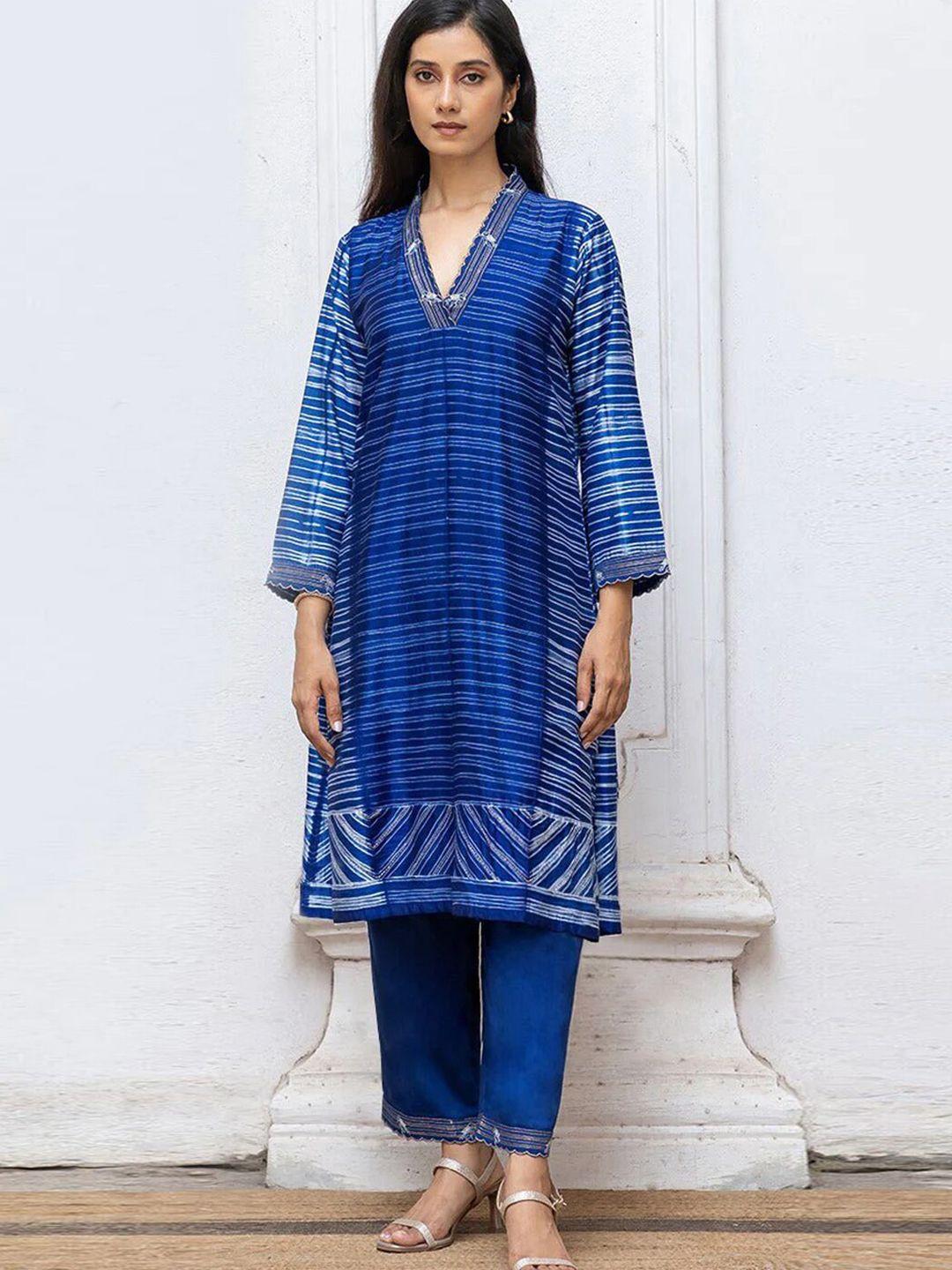 ganga striped v neck long sleeves thread work kurta with trousers