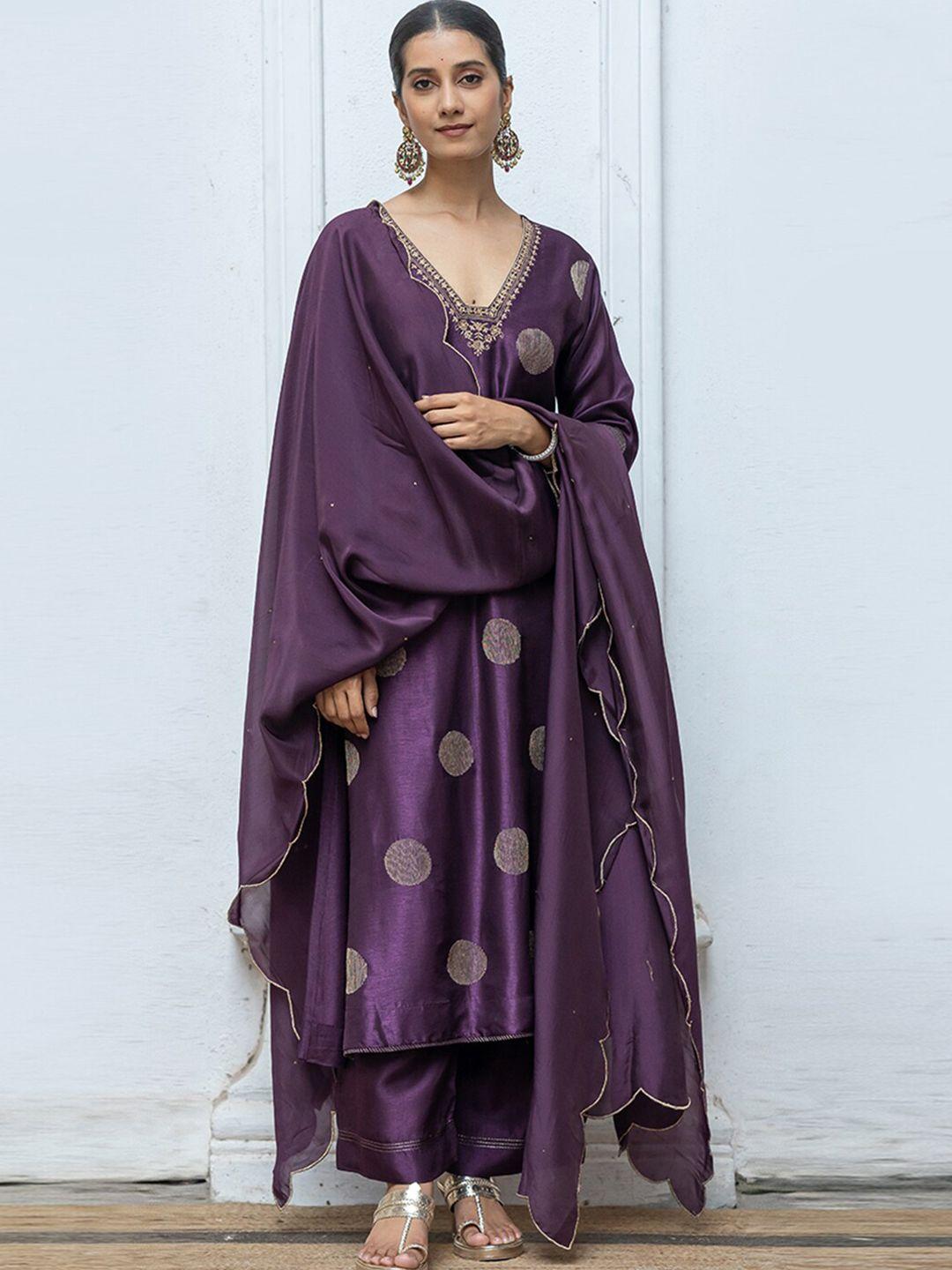 ganga embroidered raw silk straight kurta with palazzos & dupatta