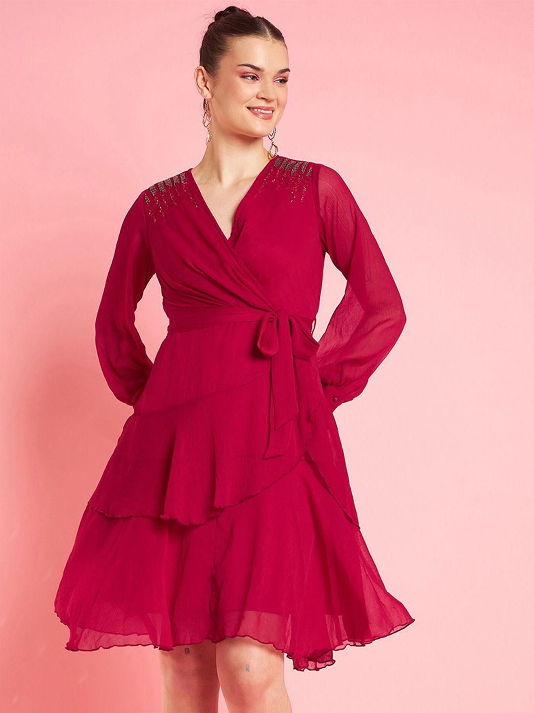 antheaa embellished bell sleeve layered chiffon fit & flare party dress