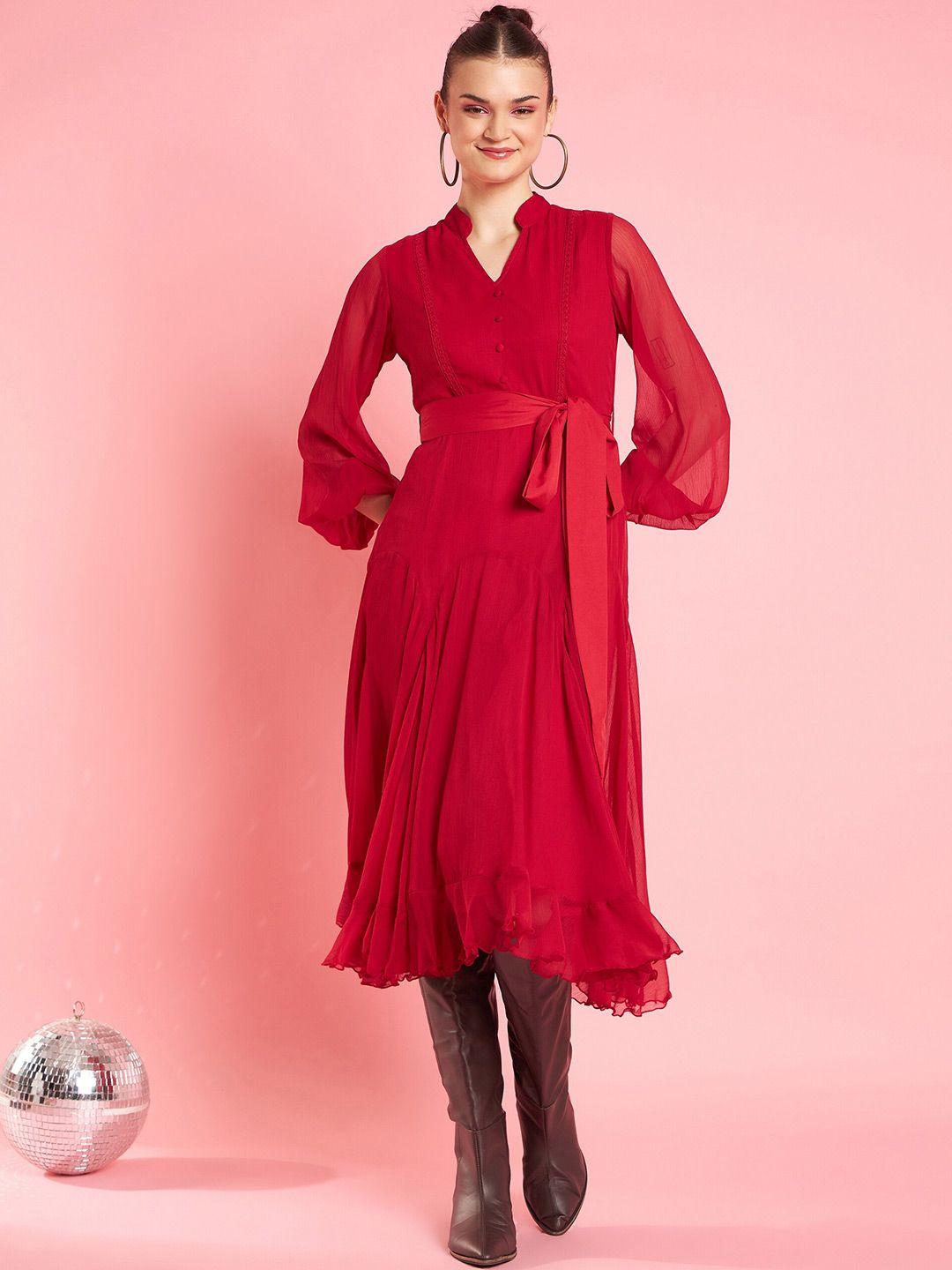 antheaa red v-neck long sleeves wrap midi opaque party dress