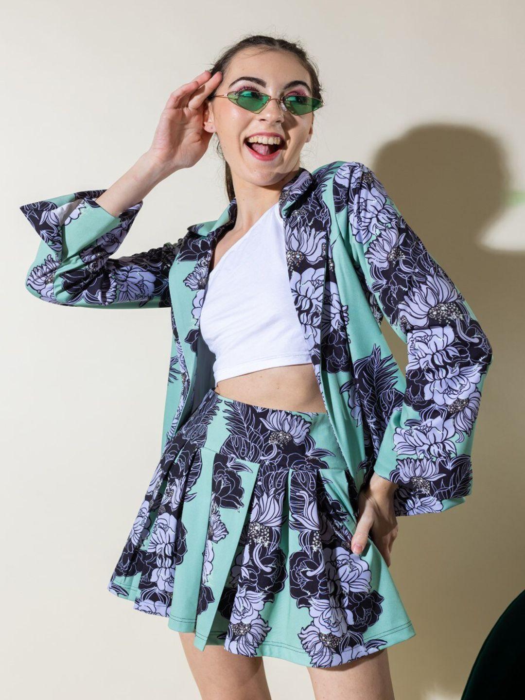 stylecast x hersheinbox green printed blazer & skirts co-ords