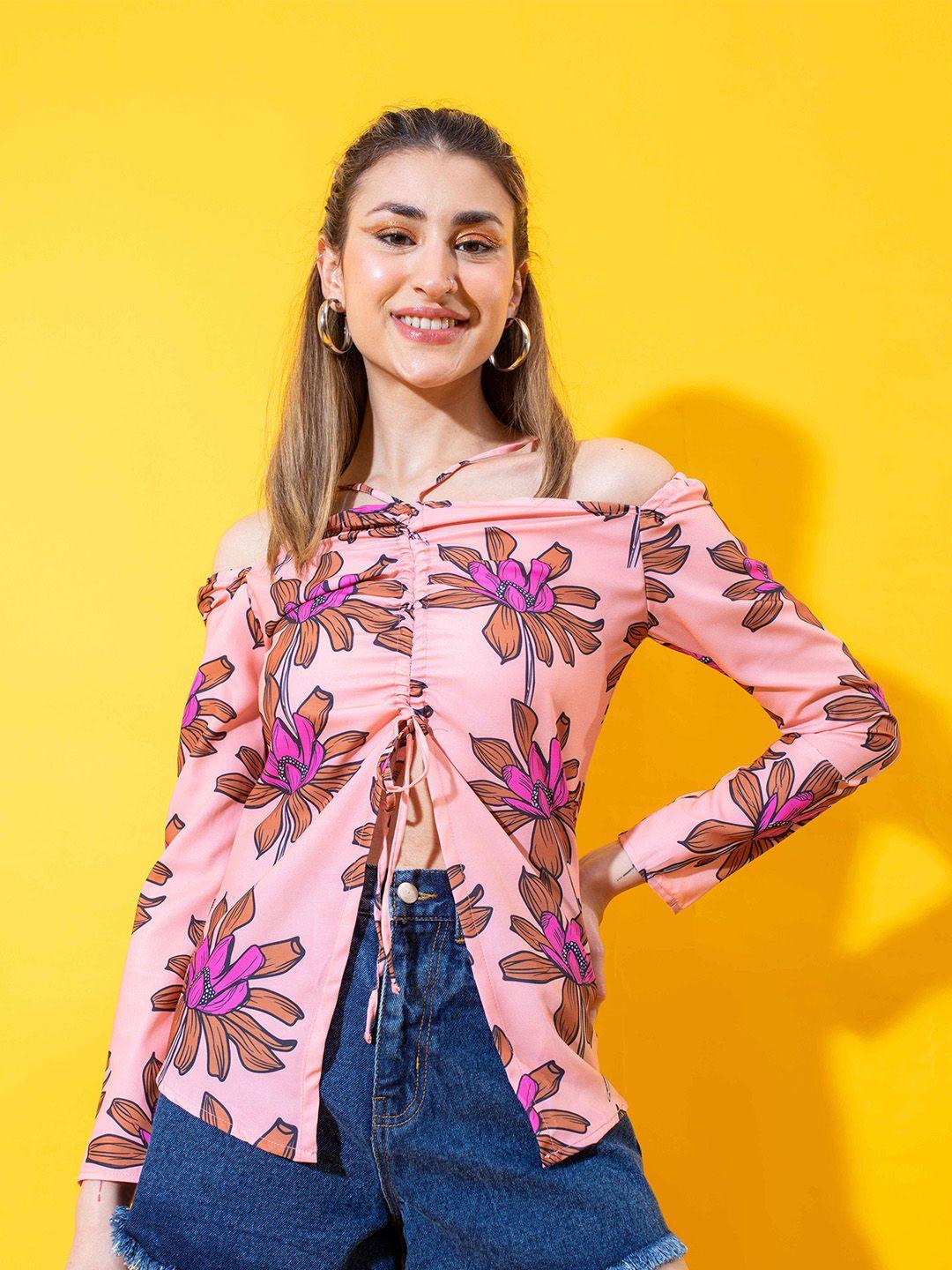 stylecast x hersheinbox pink & yellow floral printed tie-ups regular off-shoulder top