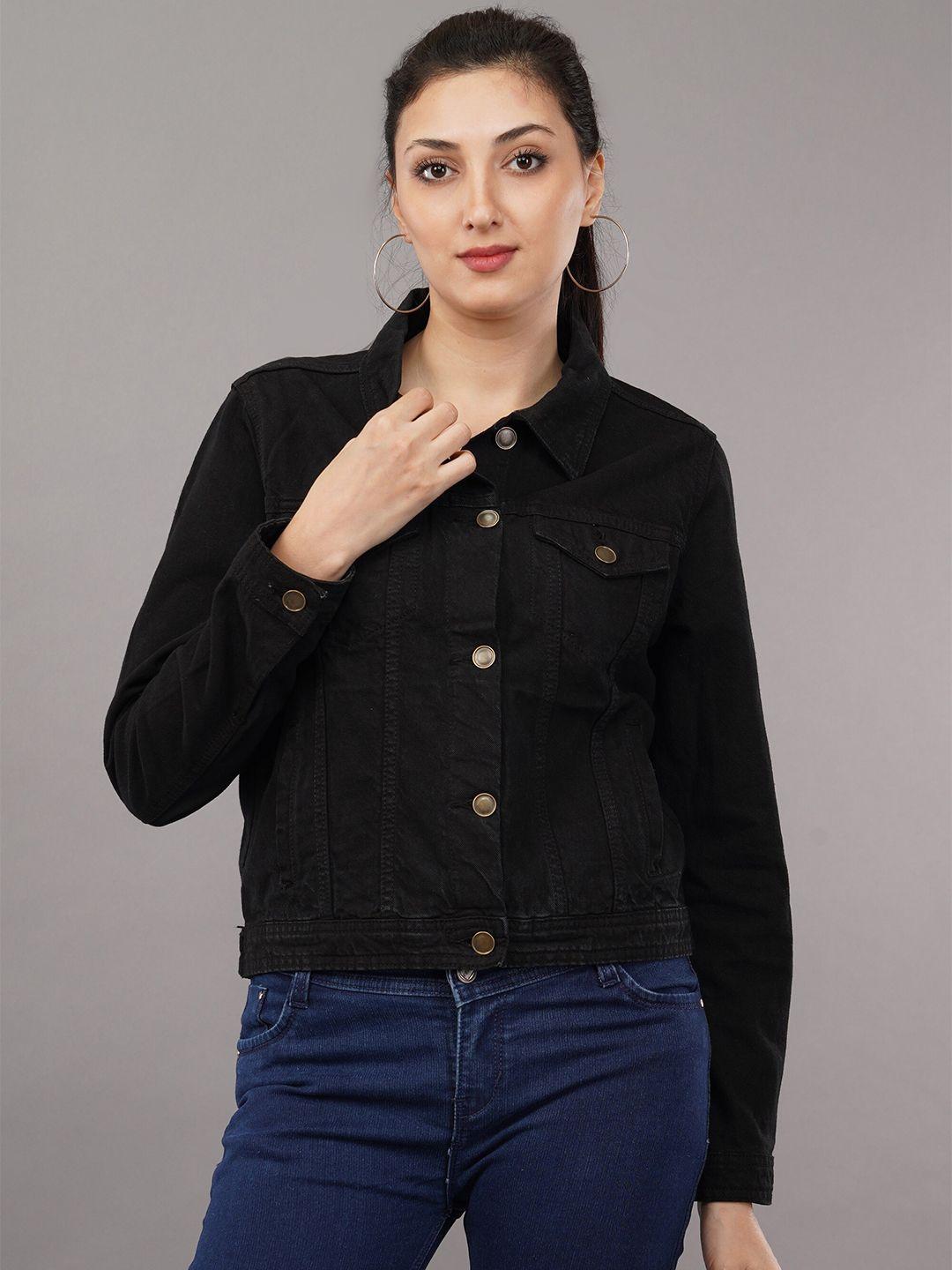 dressberry black spread collar cotton denim jacket