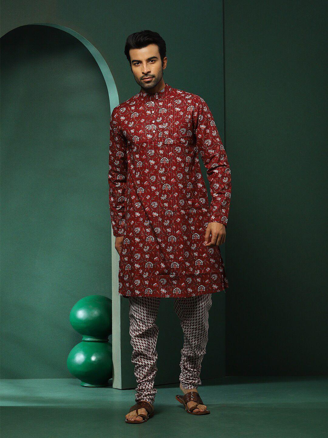 aks mandarin collar floral printed regular pure cotton straight kurta with churidar