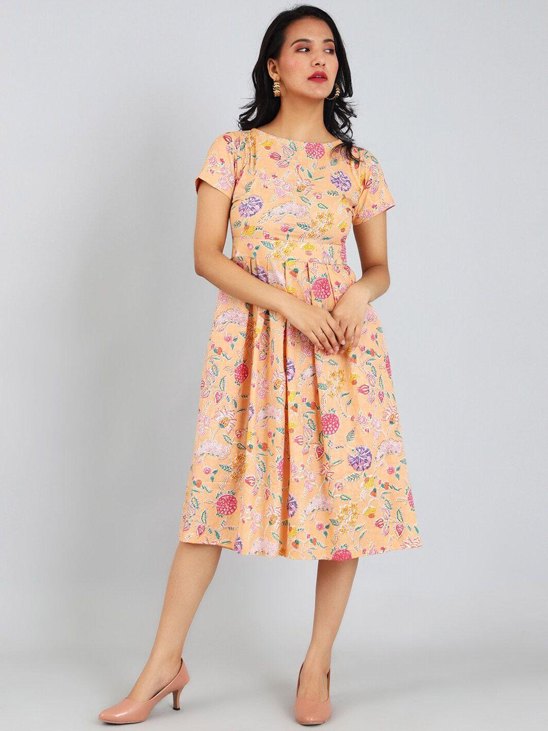 indophilia floral printed jaipur cotton pleated fit & flare midi dress