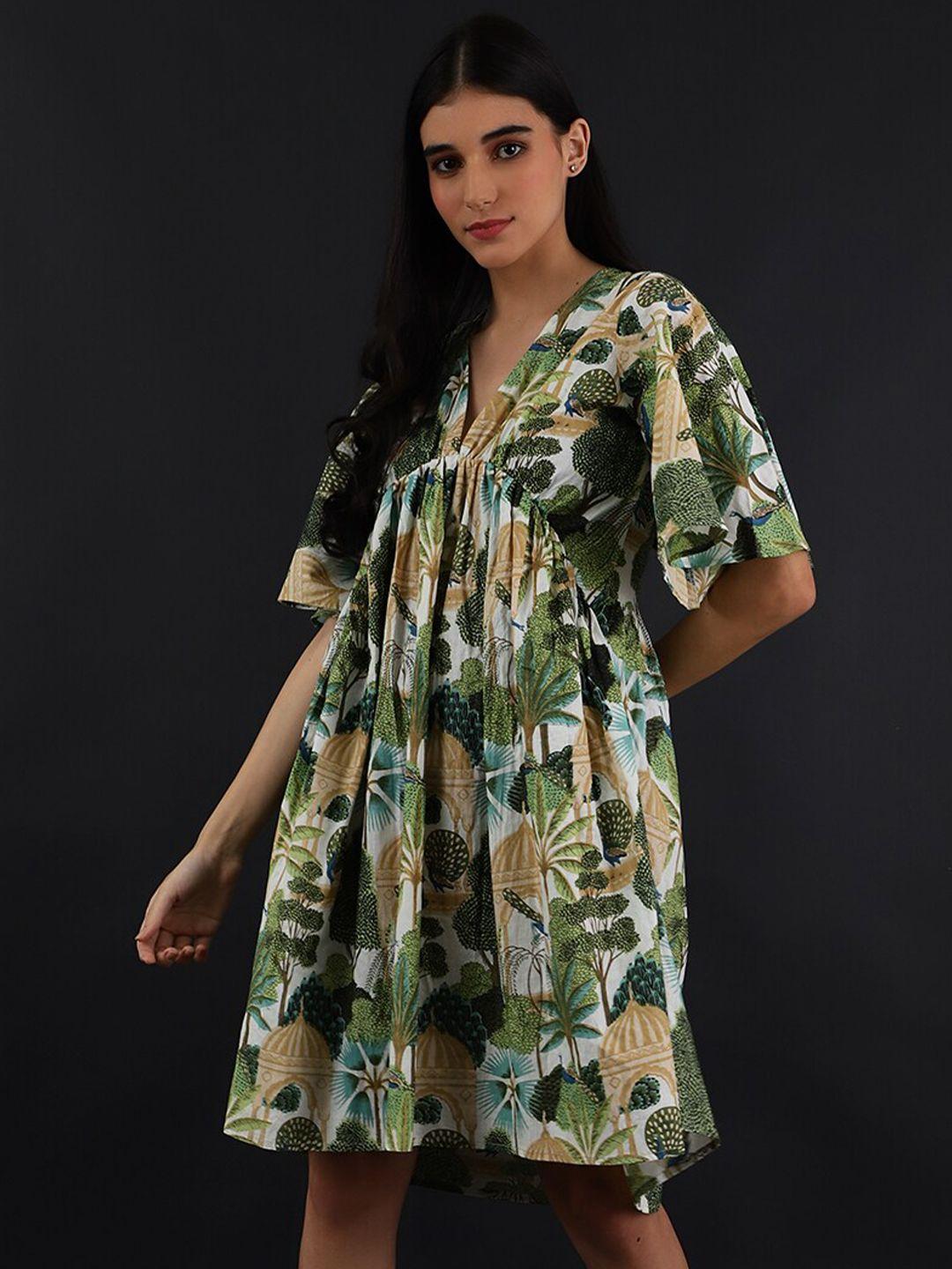 indophilia tropical print v-neck cotton a-line above knee dress