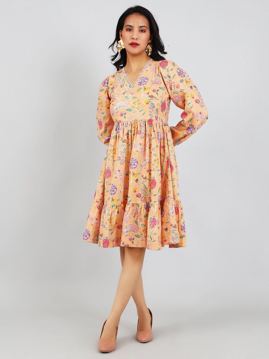 indophilia floral printed v-neck fit & flare cotton dress