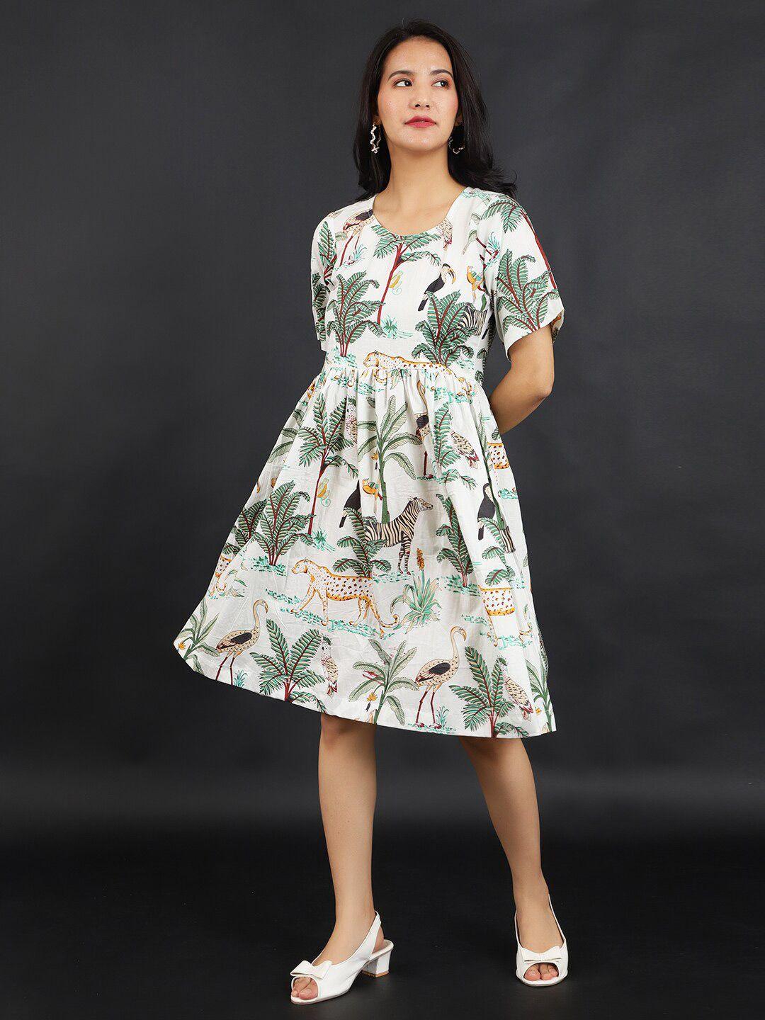 indophilia floral printed pleated fit & flare cotton dress