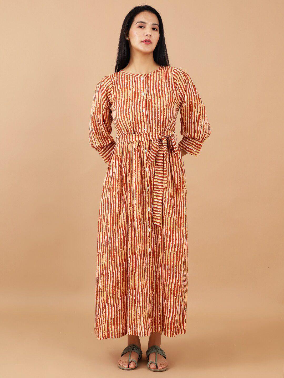 indophilia striped puff sleeve tie up cotton maxi dress