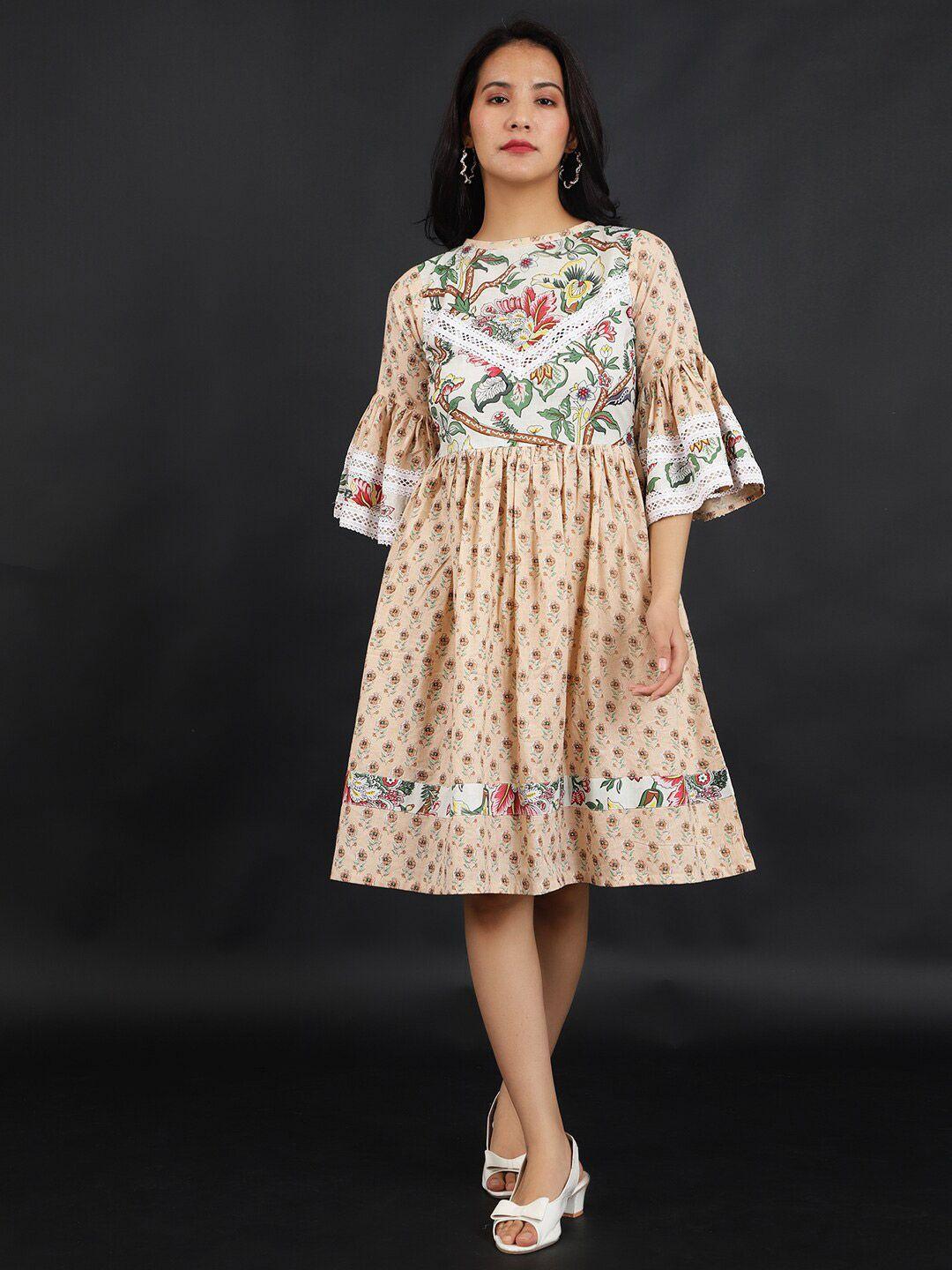 indophilia floral printed bell sleeve lace jaipur cotton fit & flare dress