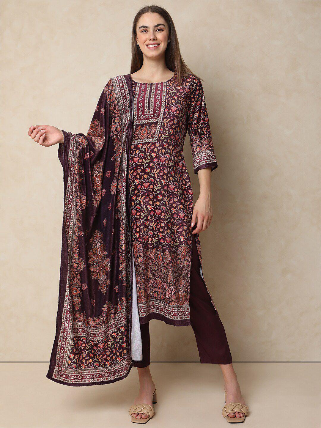 indifusion floral printed velvet straight kurta with trousers & dupatta