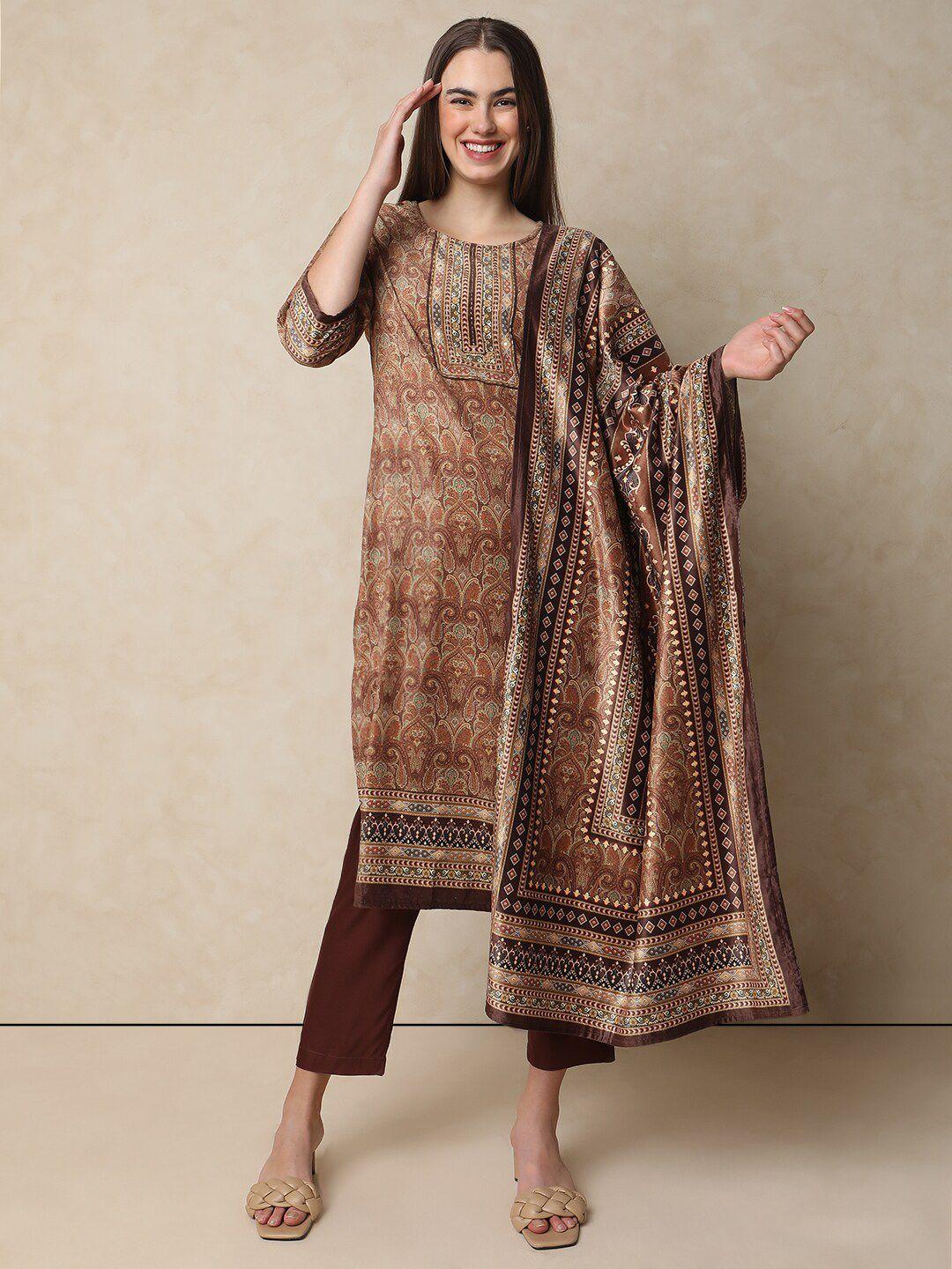 indifusion paisley printed regular velvet kurta with trousers & with dupatta