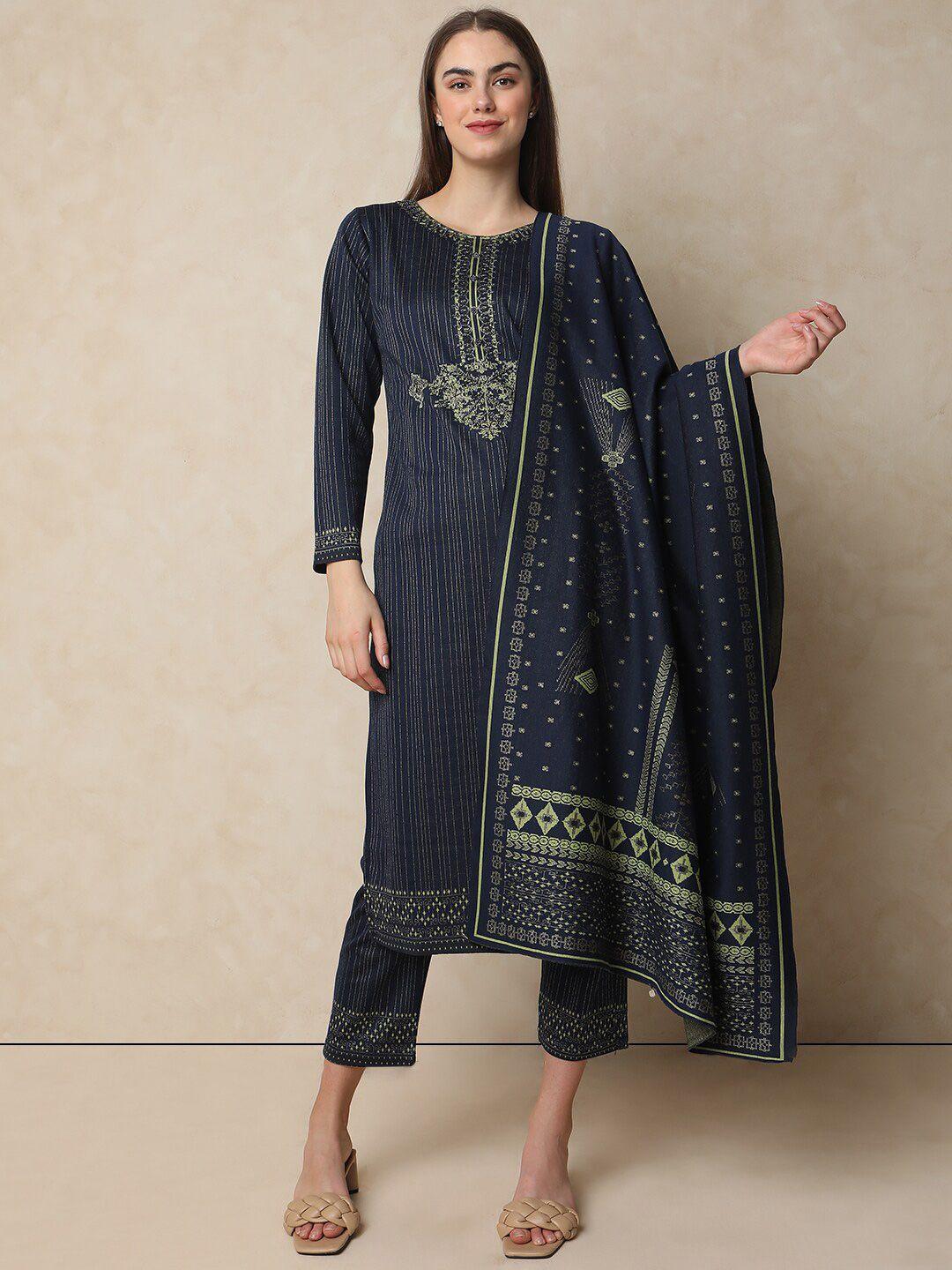 indifusion striped printed straight kurta with trousers & dupatta