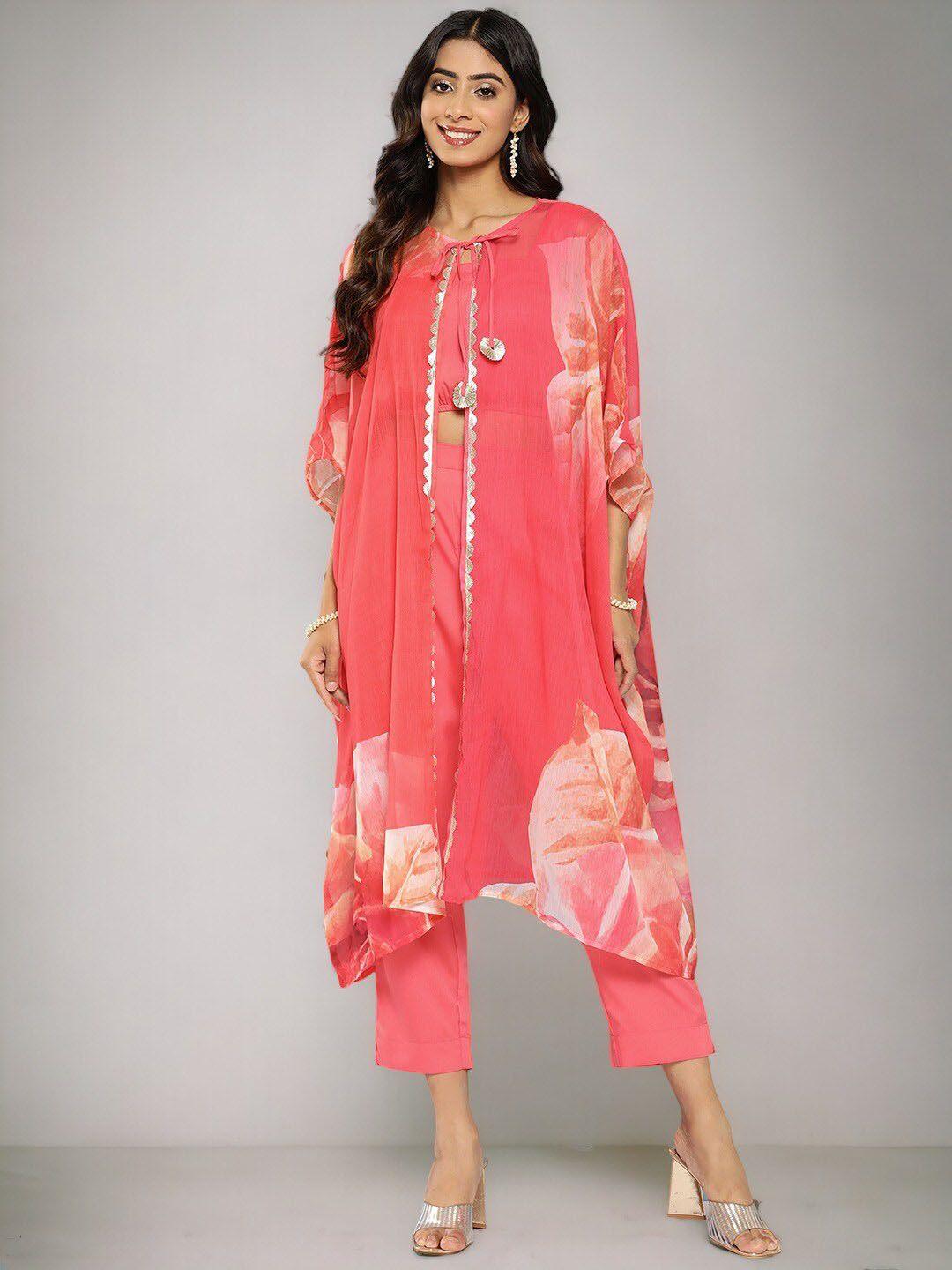 ahalyaa printed square neck crop top with printed jacket & trouser co-ords