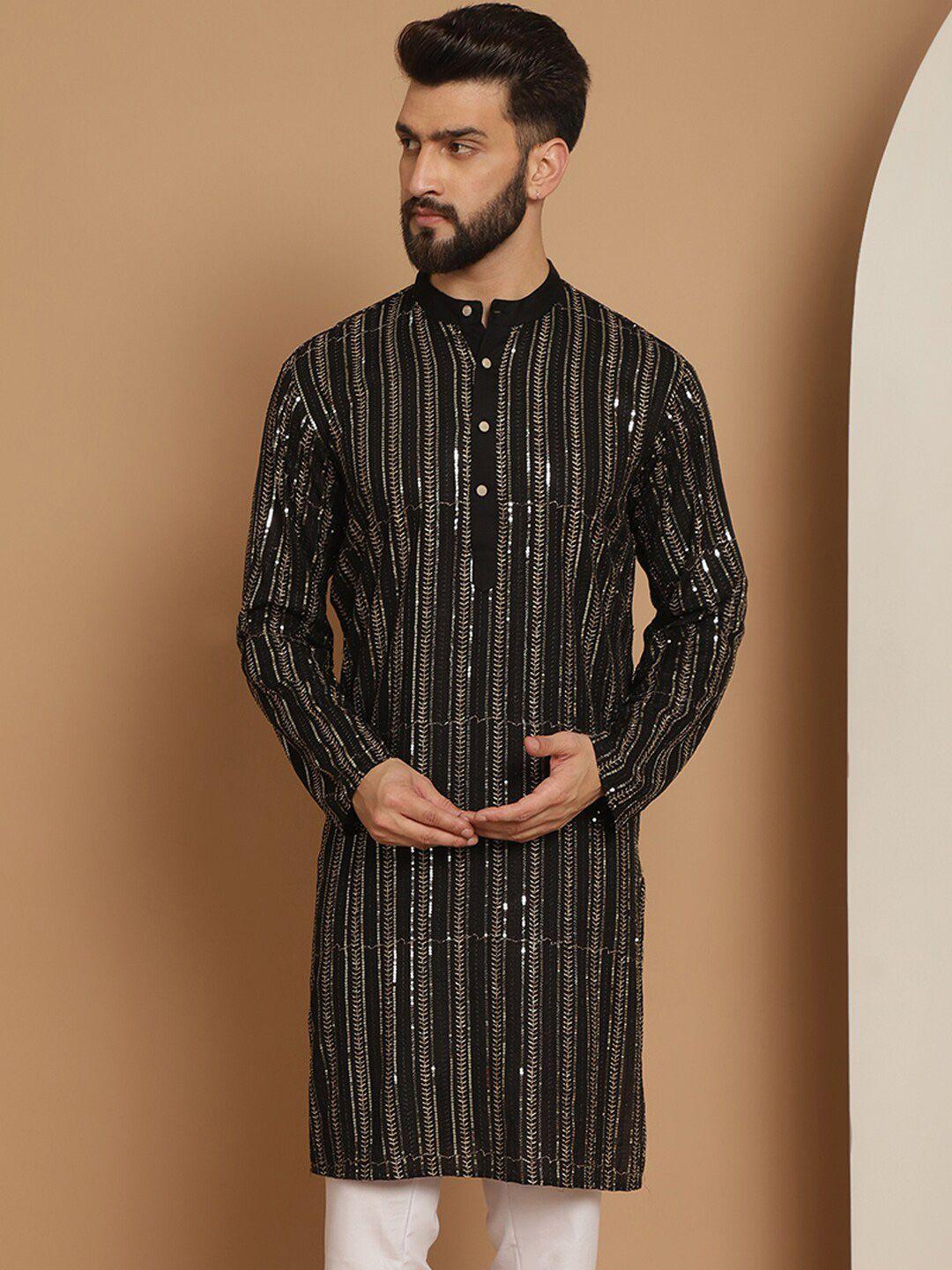 anouk black striped band collar sequinned detailed cotton straight kurta