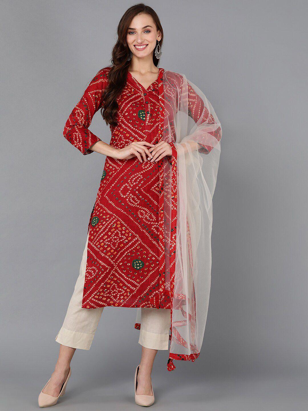 kalini bandhani printed straight kurta with trousers & dupatta