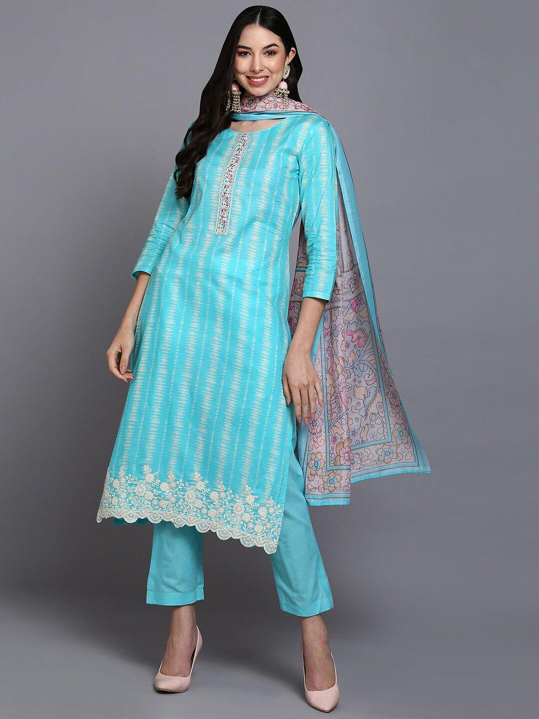 kalini geometric printed thread work straight kurta & trousers with dupatta