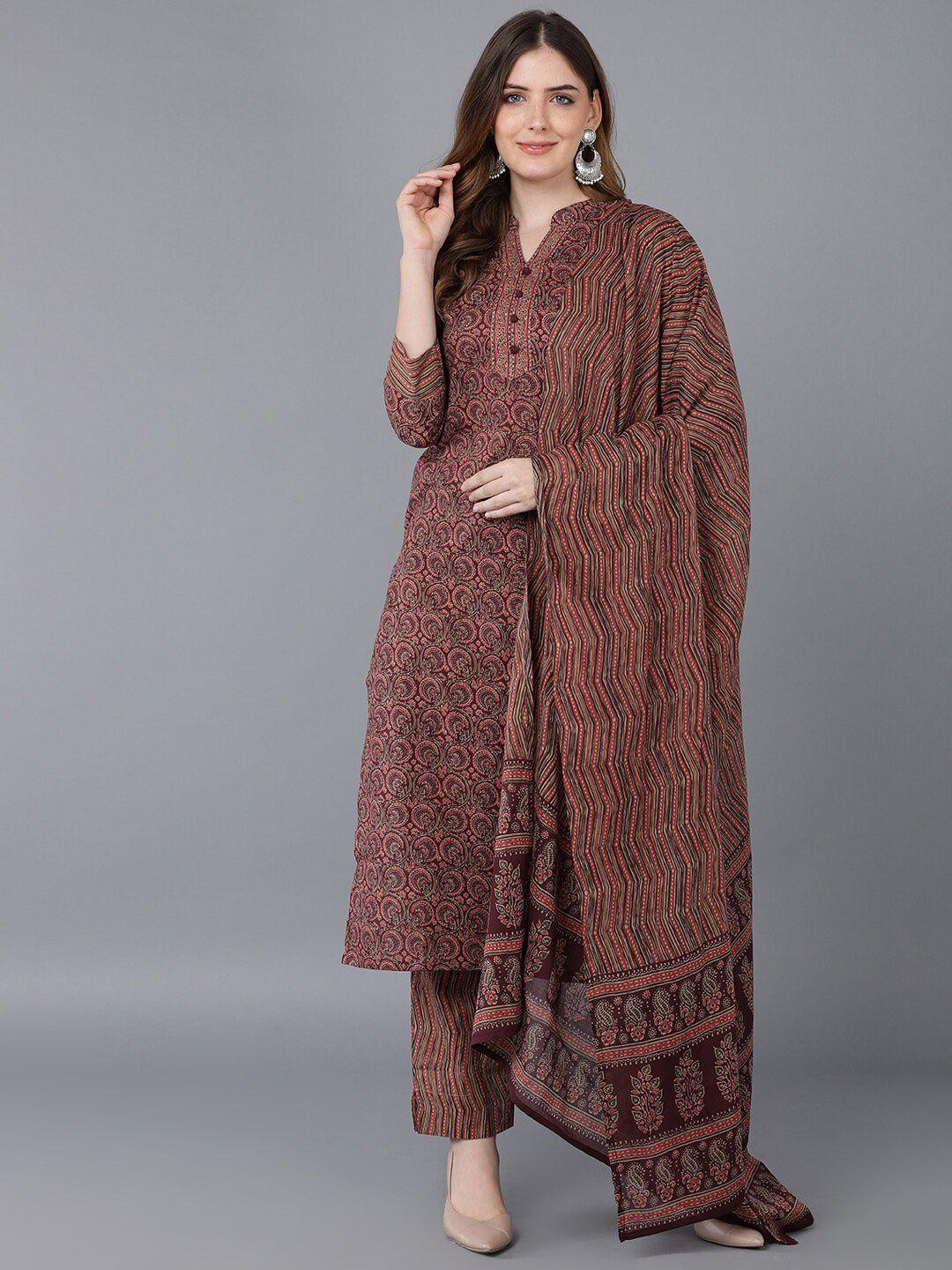 kalini ethnic motifs printed mandarin collar straight kurta & trousers with dupatta