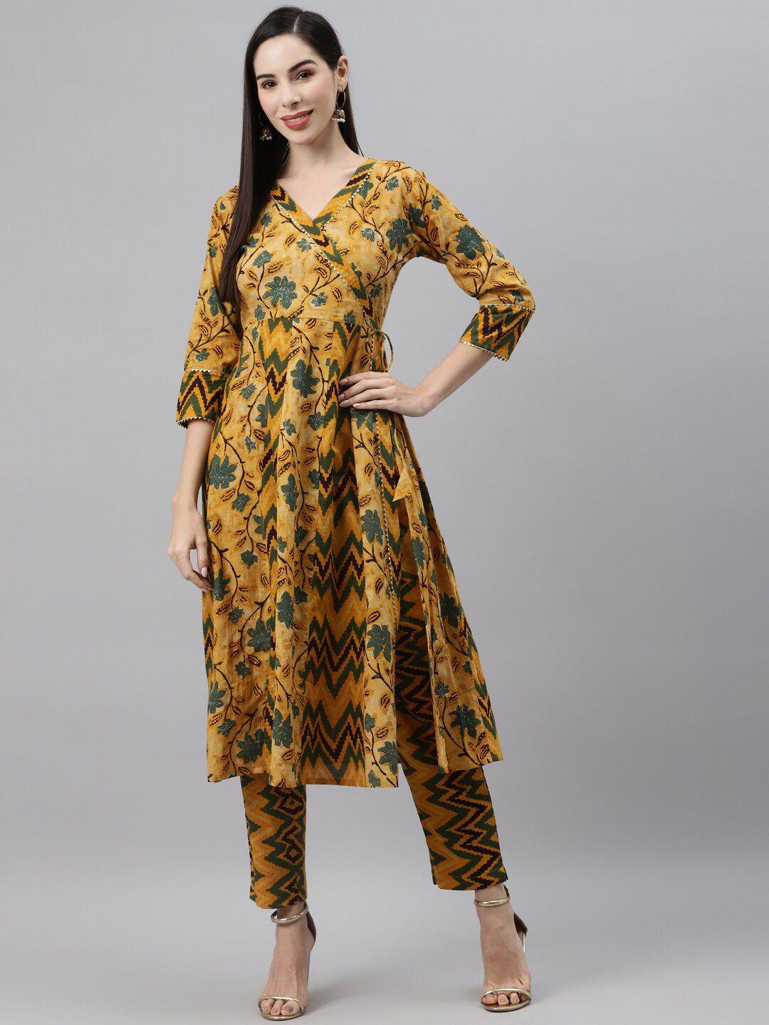 indibelle ethnic motifs printed v-neck gotta patti cotton angrakha kurta