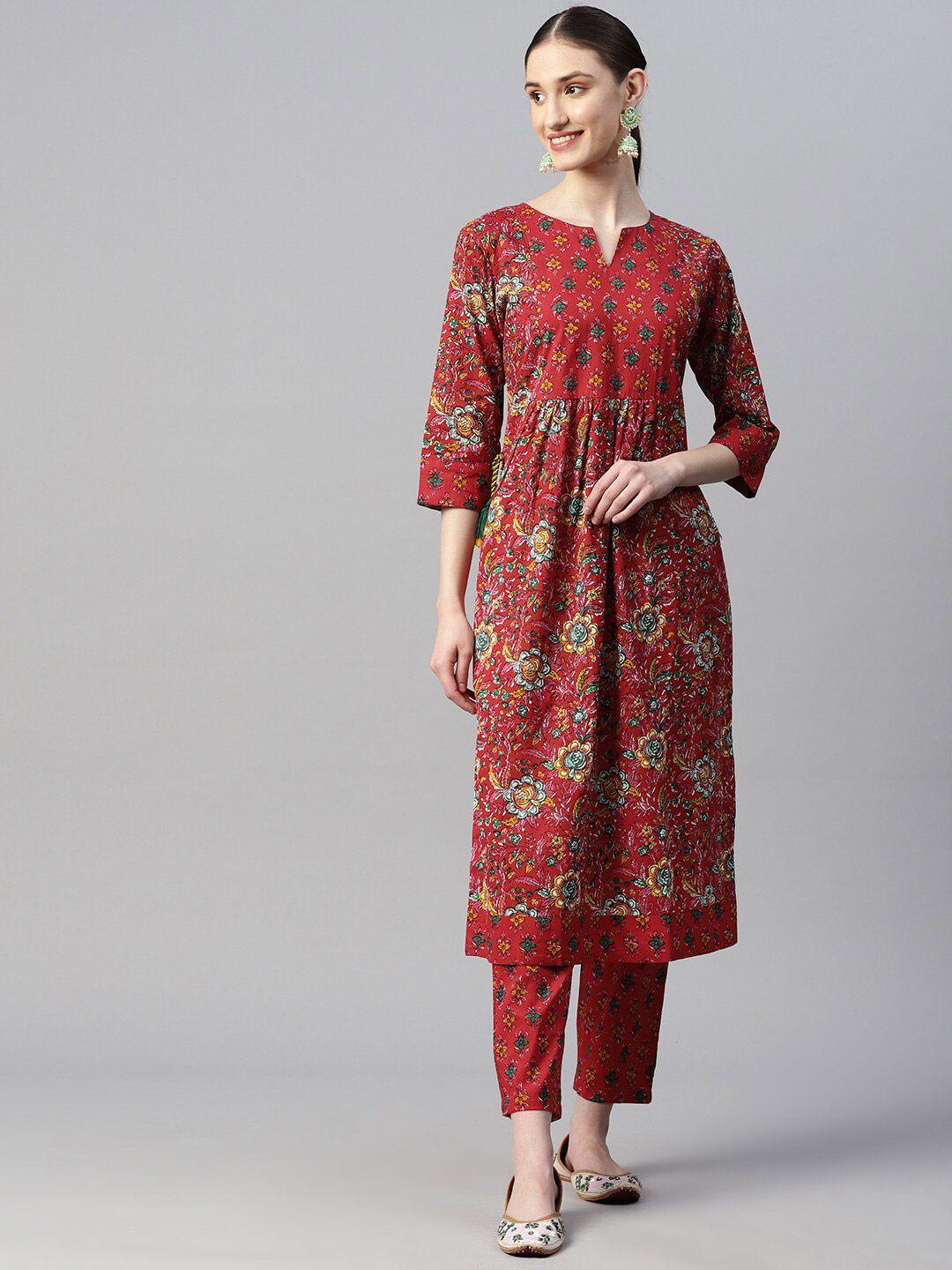 indibelle floral printed pleated cotton straight kurta