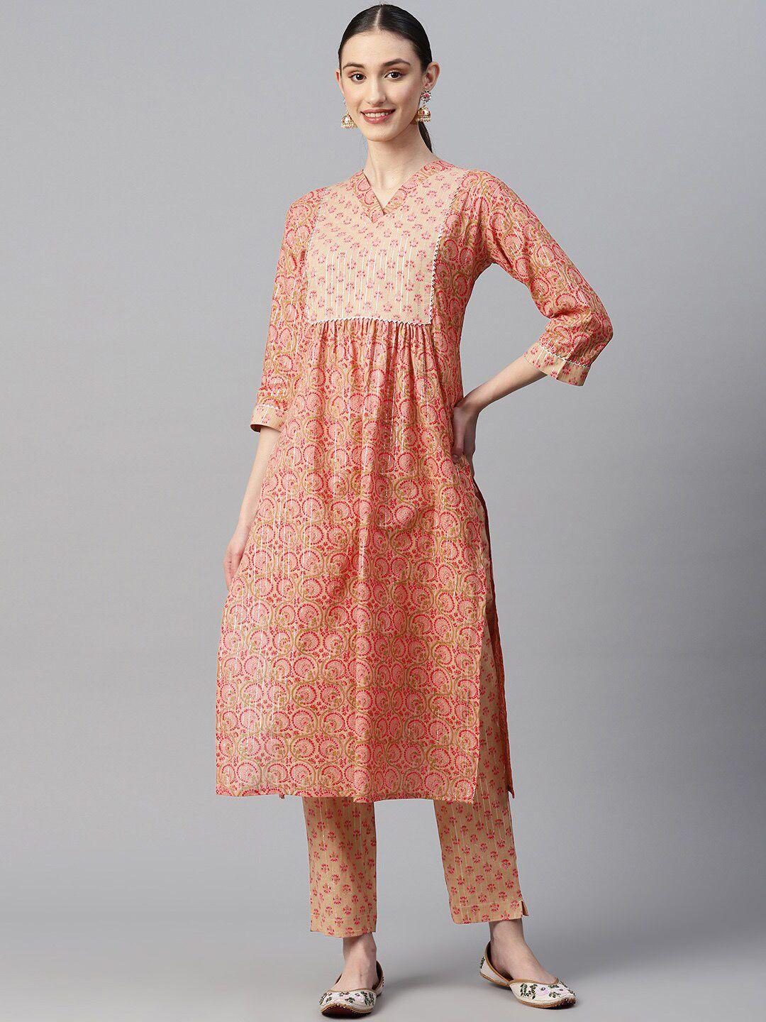 indibelle ethnic motifs printed v-neck gotta patti cotton a-line kurta