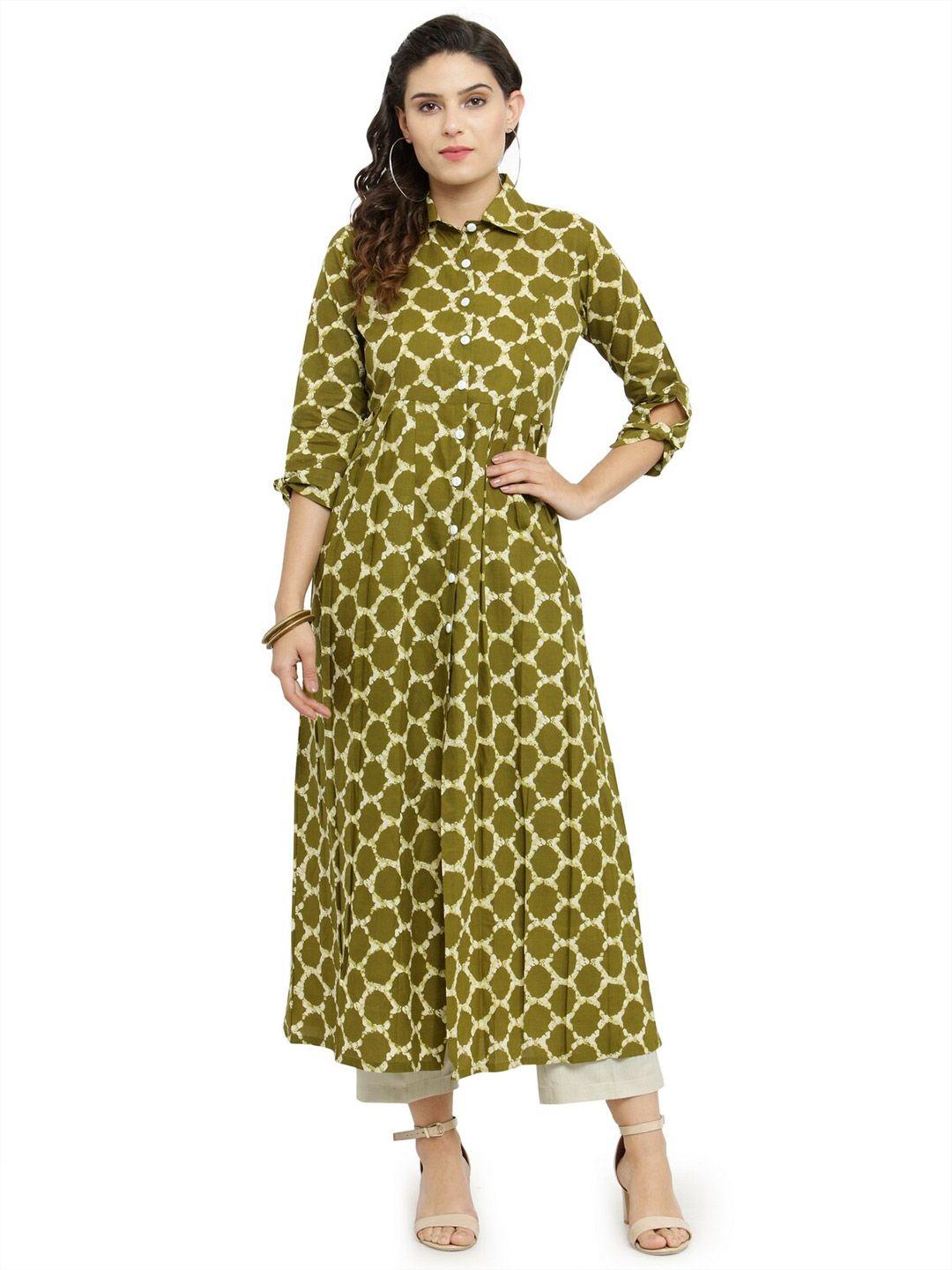 indibelle ethnic motifs printed shirt collar pleated cotton a-line kurta