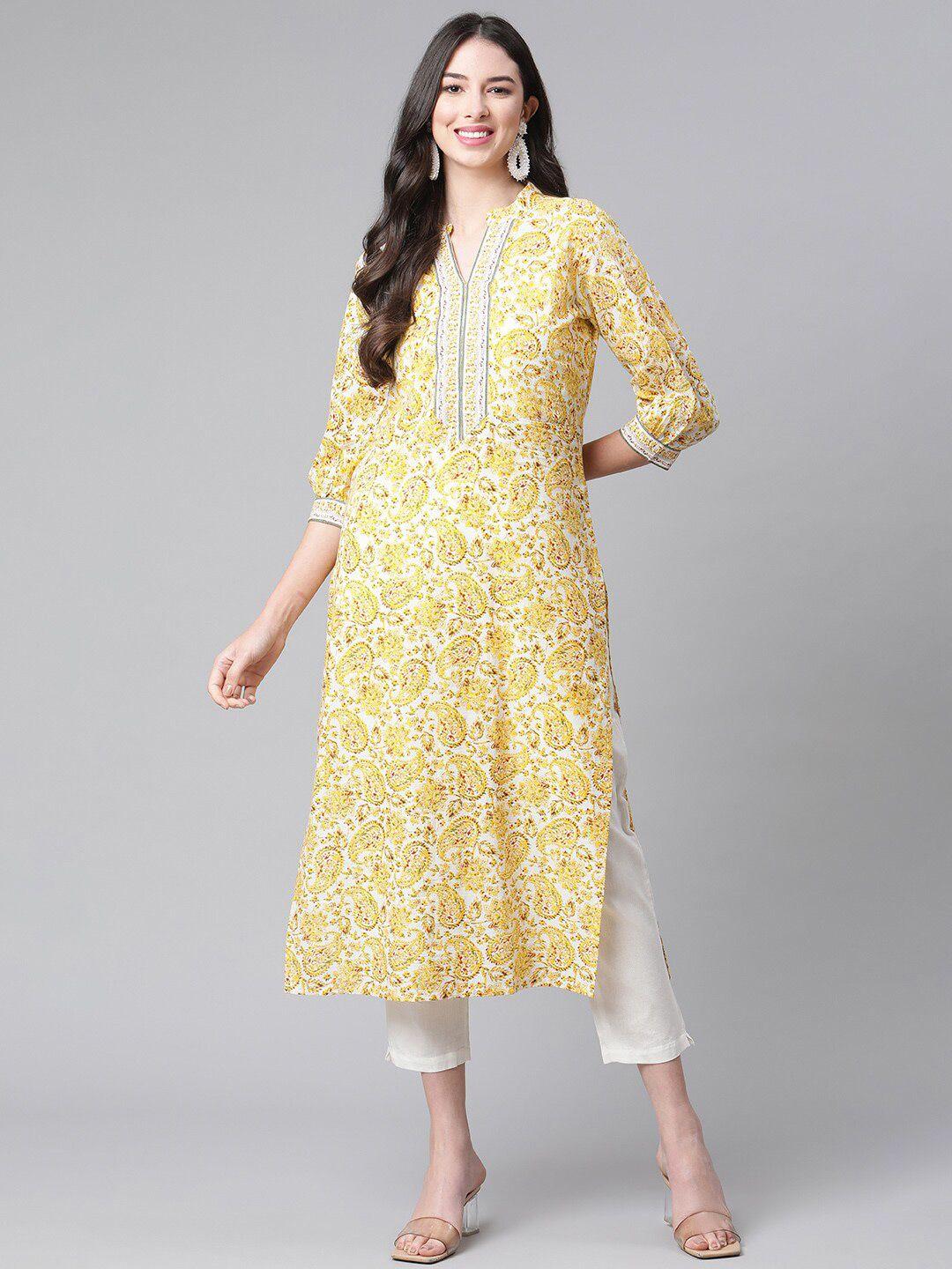 indibelle paisley printed mandarin collar cotton straight kurta