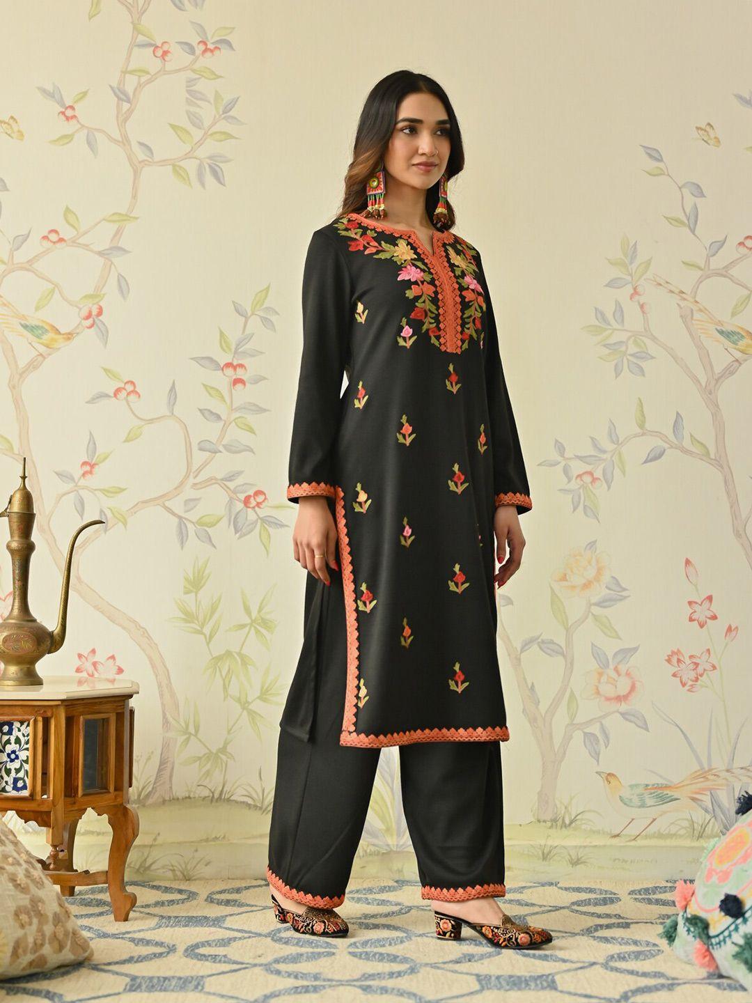 rustorange floral embroidered acrylic straight kurta