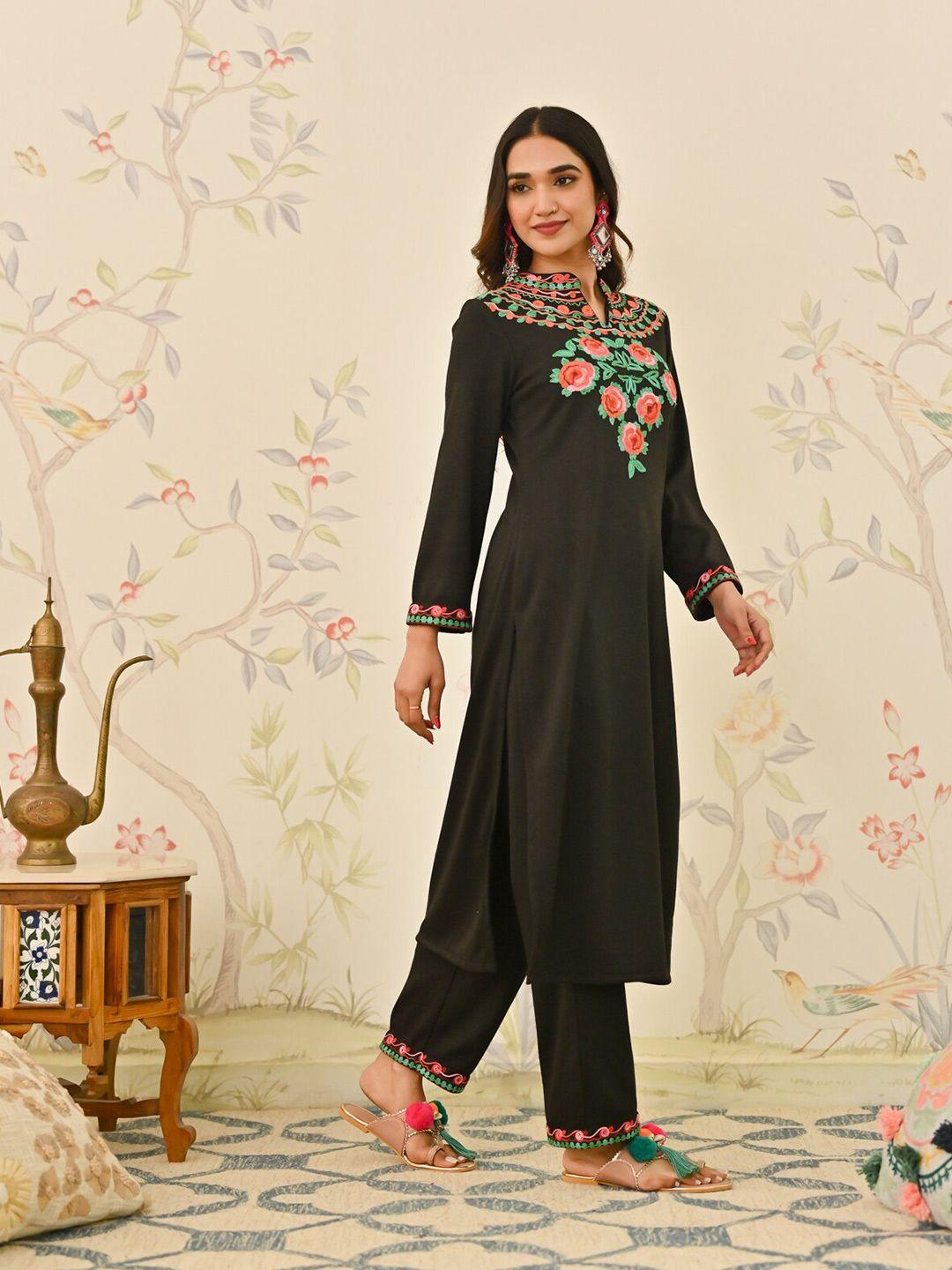 rustorange floral embroidered mandarin collar kurta