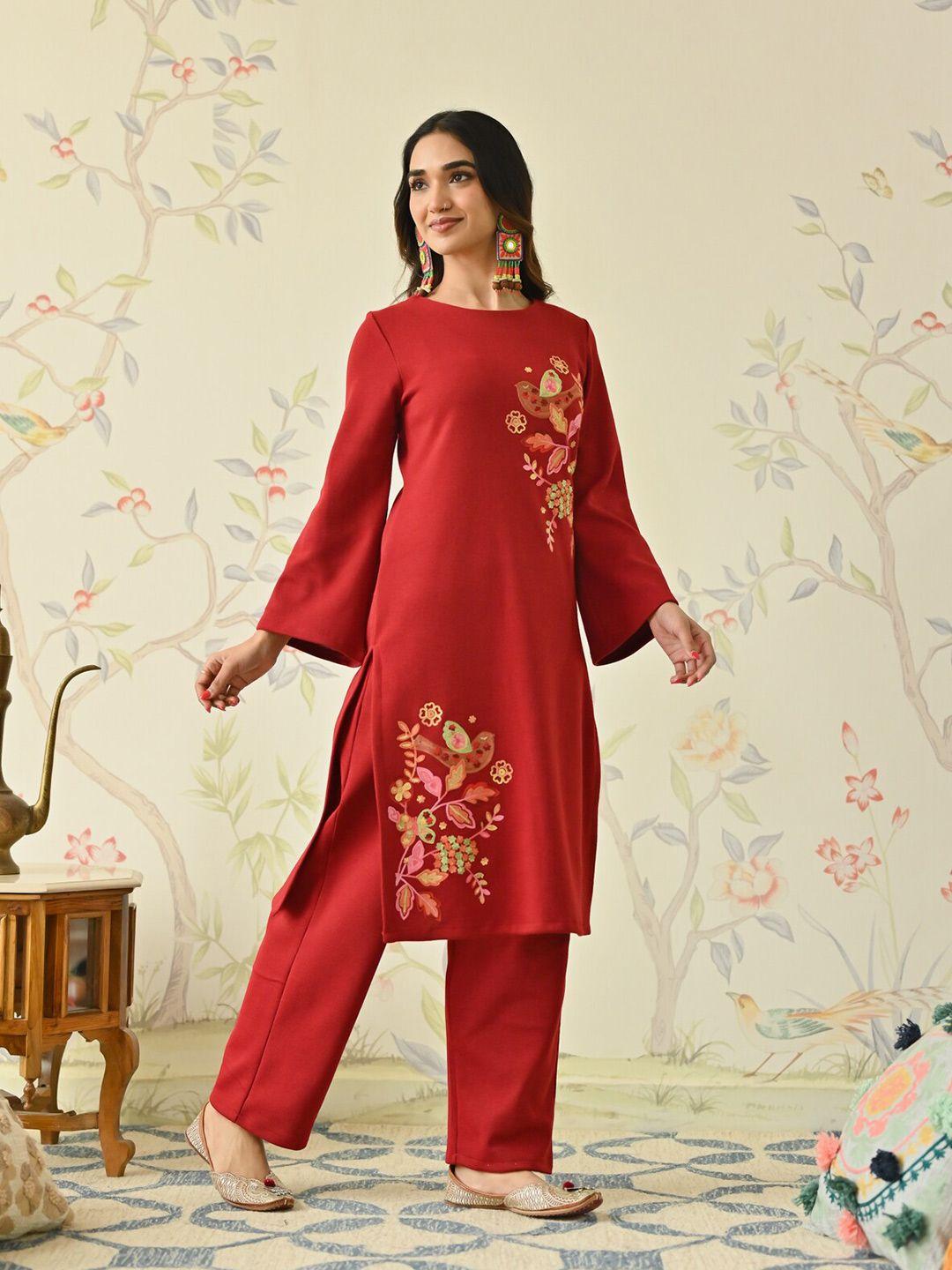 rustorange floral embroidered acrylic straight kurta