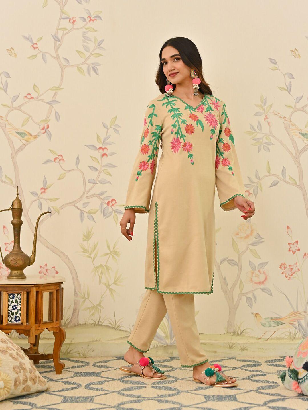 rustorange floral embroidered v-neck regular kurta