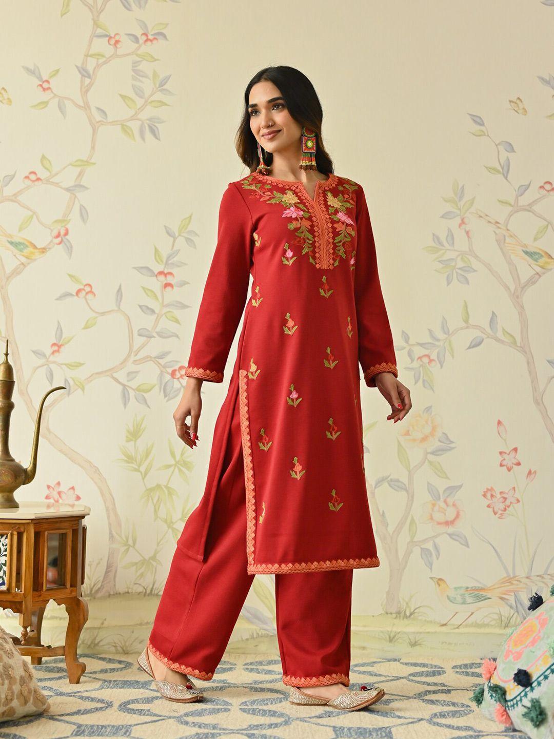 rustorange floral embroidered acrylic straight kurta